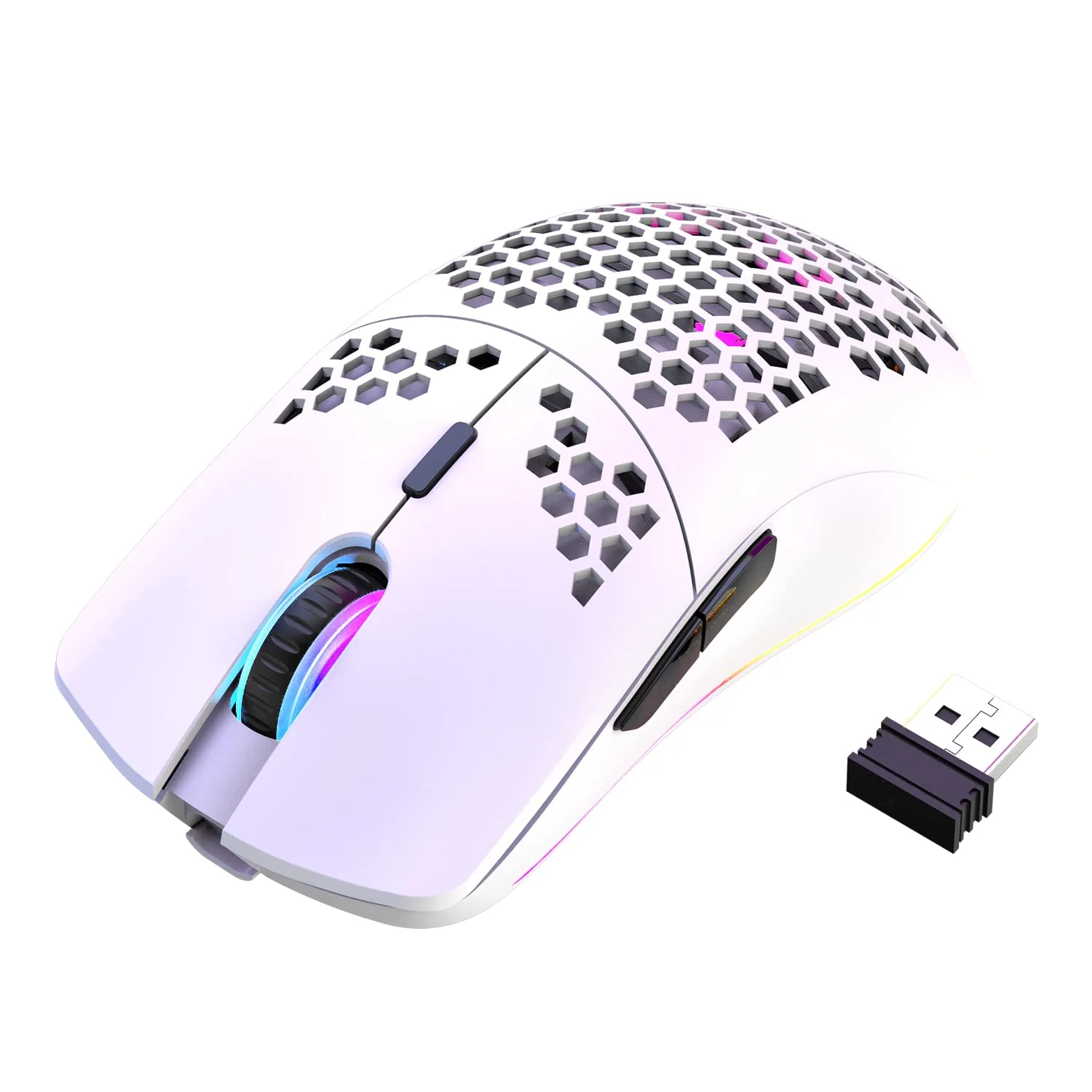 Lancoon Kabellose Gaming Maus, Hohl Geschnitztes Design, Bunt, Wiederaufladbar, Langlebig, 2.4 G 4 Einstellbare 3200-DPI-Stufen, 7 Tasten, Optischer Sensor Für E-Sportb Arbeit(Weiß) - Image 3