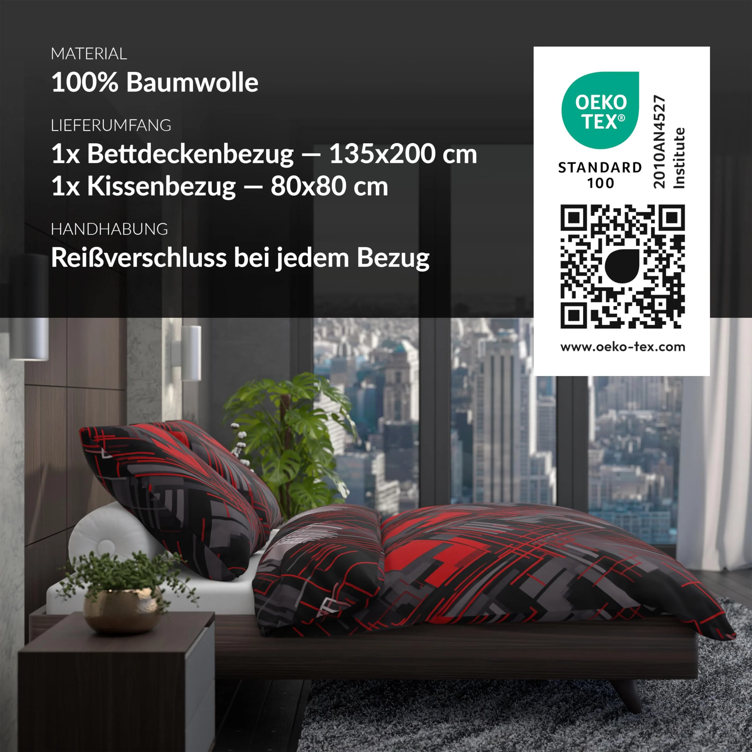 LARAWELL Bettwäsche 135x200 Baumwolle ganzjahres Bettwäsche-Sets rot grau abstrakt geometrisch Premium - Image 4