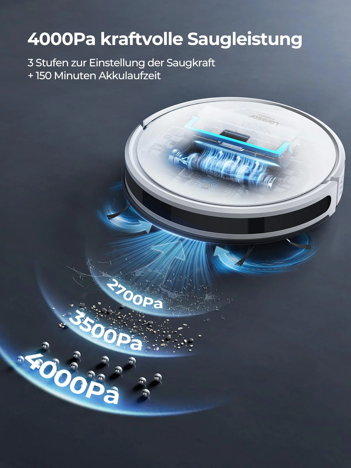 Laresar Clean Saugroboter, 4000Pa Saugroboter mit Wischfunktion, 3-in-1 Staubsauger Roboter 150 Min. Laufzeit, mit App-Steuerung und WLAN,Ideal für Hartböden, Teppiche & Tierhaare - Image 3