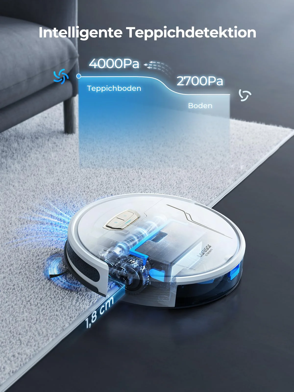 Laresar Clean Saugroboter, 4000Pa Saugroboter mit Wischfunktion, 3-in-1 Staubsauger Roboter 150 Min. Laufzeit, mit App-Steuerung und WLAN,Ideal für Hartböden, Teppiche & Tierhaare - Image 4