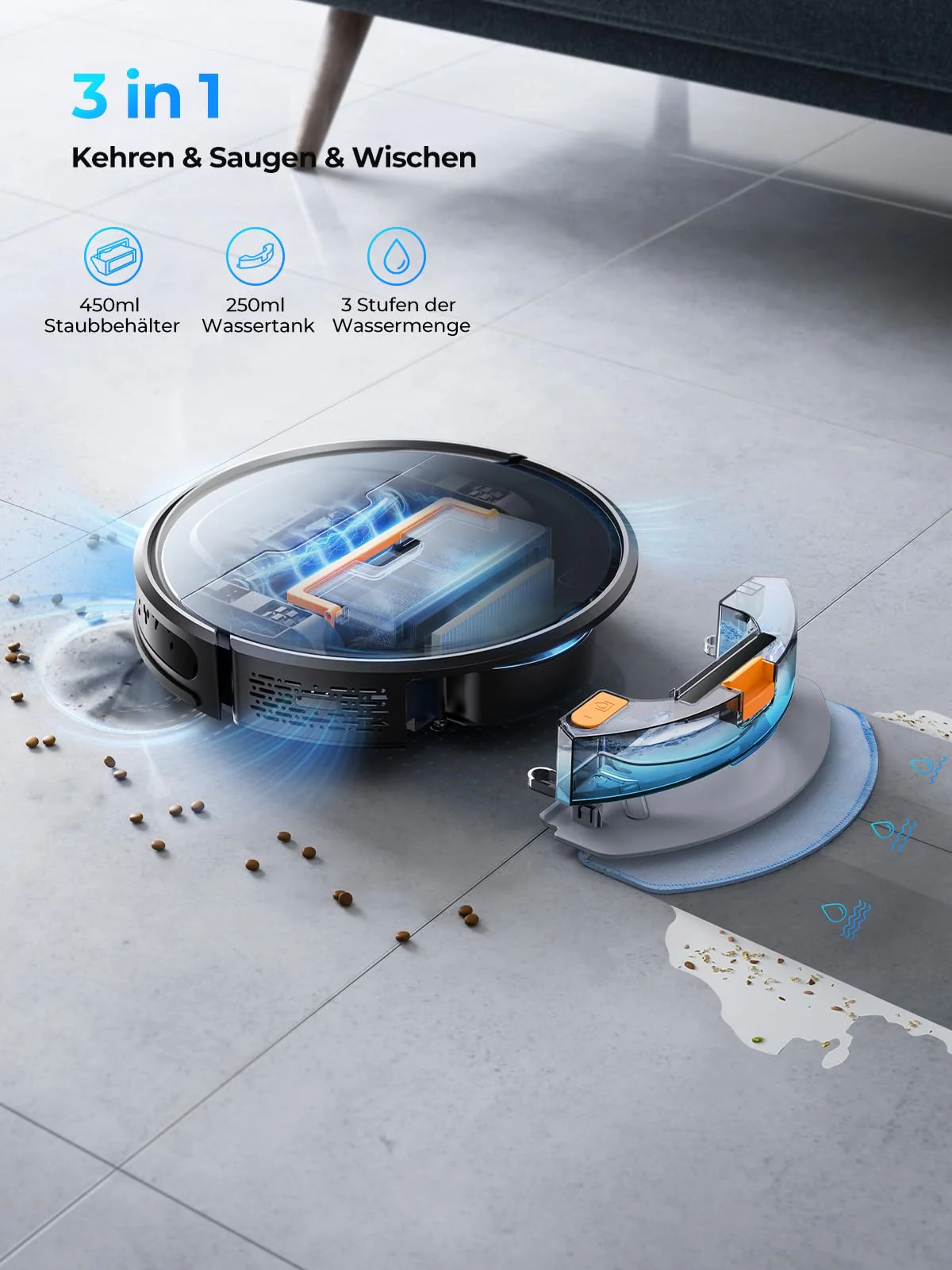 Laresar Clean Saugroboter mit Wischfunktion, 4500Pa Saugroboter, 3 in 1 Staubsauger Roboter funktioniert mit Alexa, 180 Minuten Laufzeit, Ideal für Tierhaare, Teppich, Hartboden - Image 6