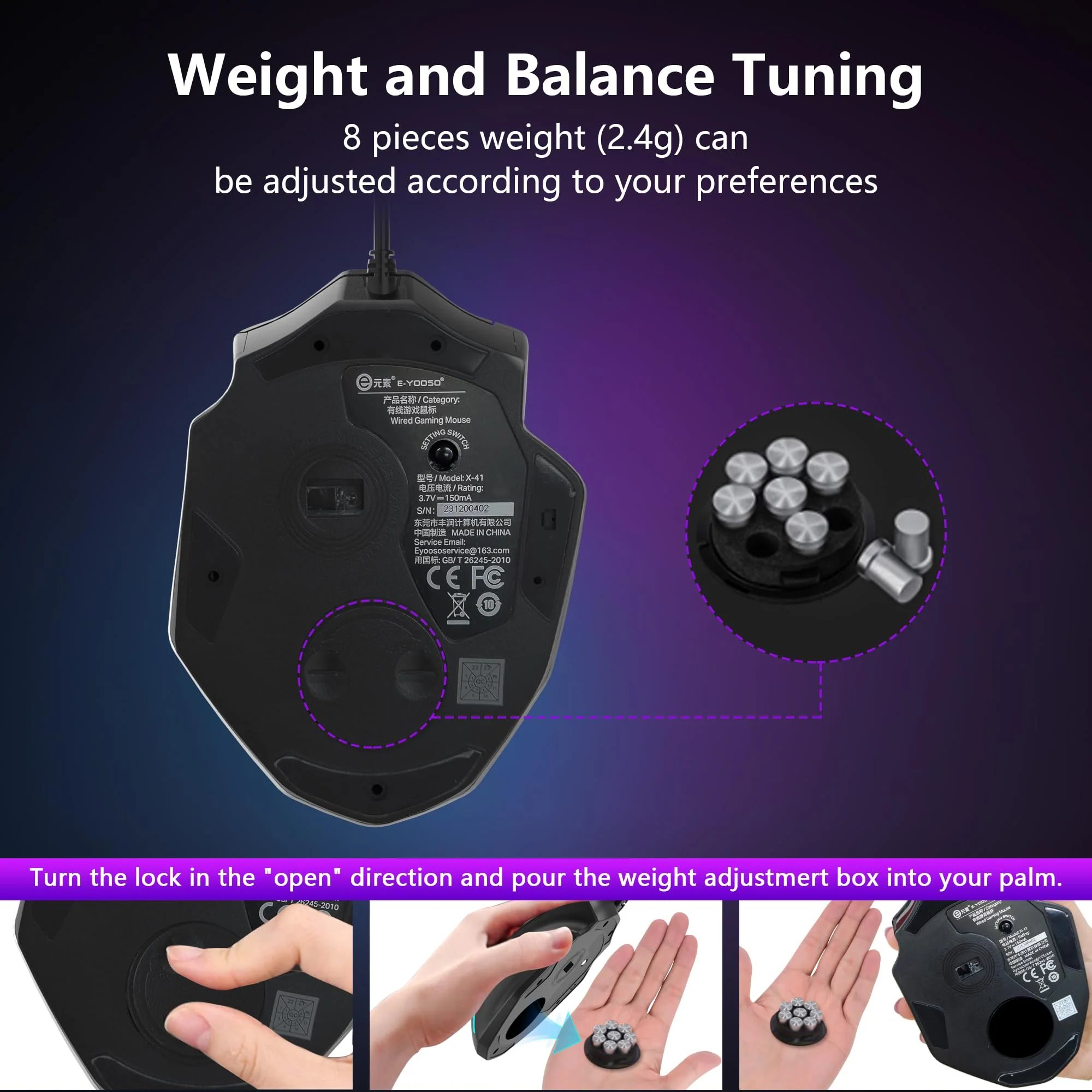Large Gaming Mouse, Verkabelte Maus für große Hände (mit 12400 DPI, 6 Tasten, Einstellbare Gewicht und RGB-LED-Licht), Computer Gaming-Maus für PC/Mac/Laptop, Schwarz - Image 2