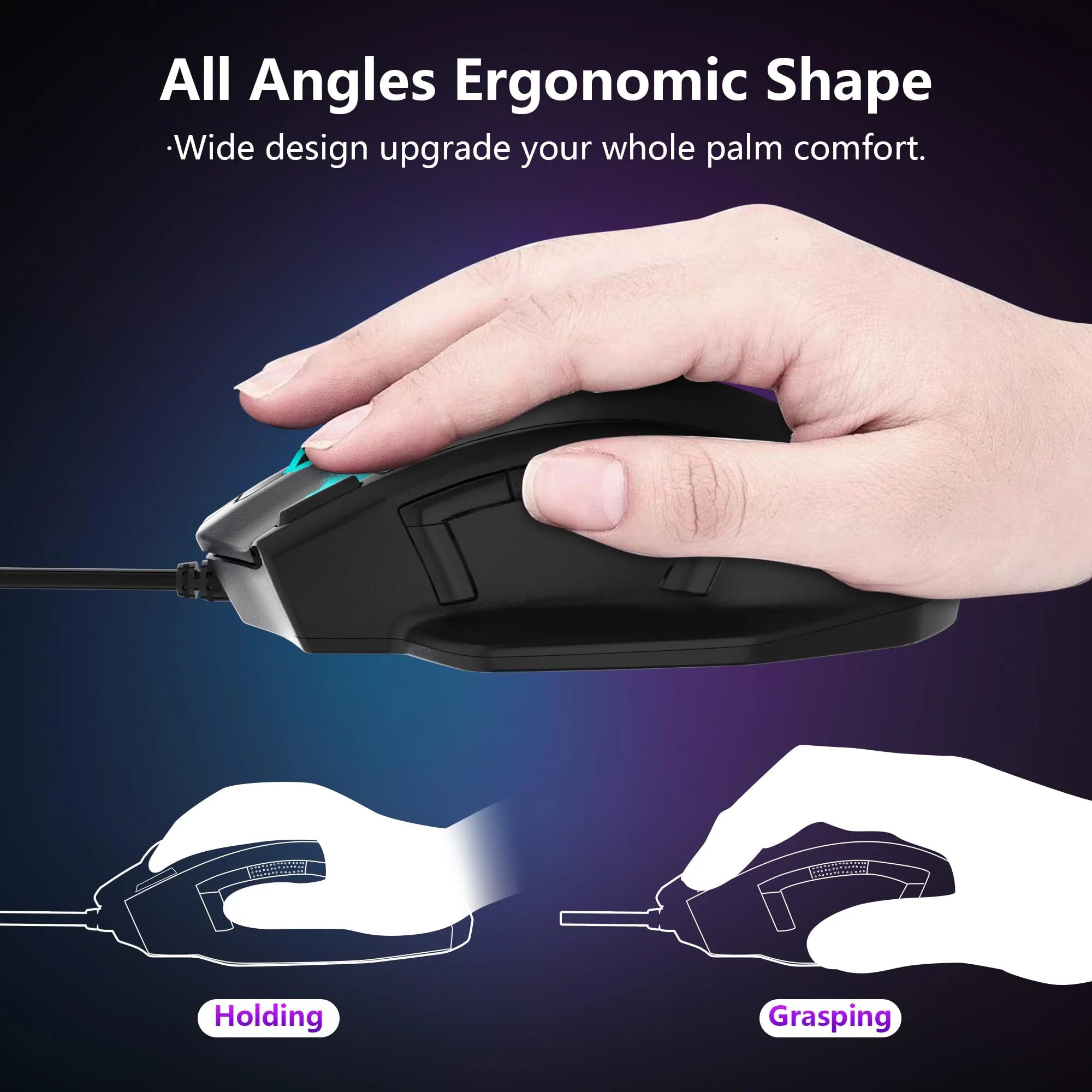 Large Gaming Mouse, Verkabelte Maus für große Hände (mit 12400 DPI, 6 Tasten, Einstellbare Gewicht und RGB-LED-Licht), Computer Gaming-Maus für PC/Mac/Laptop, Schwarz - Image 7