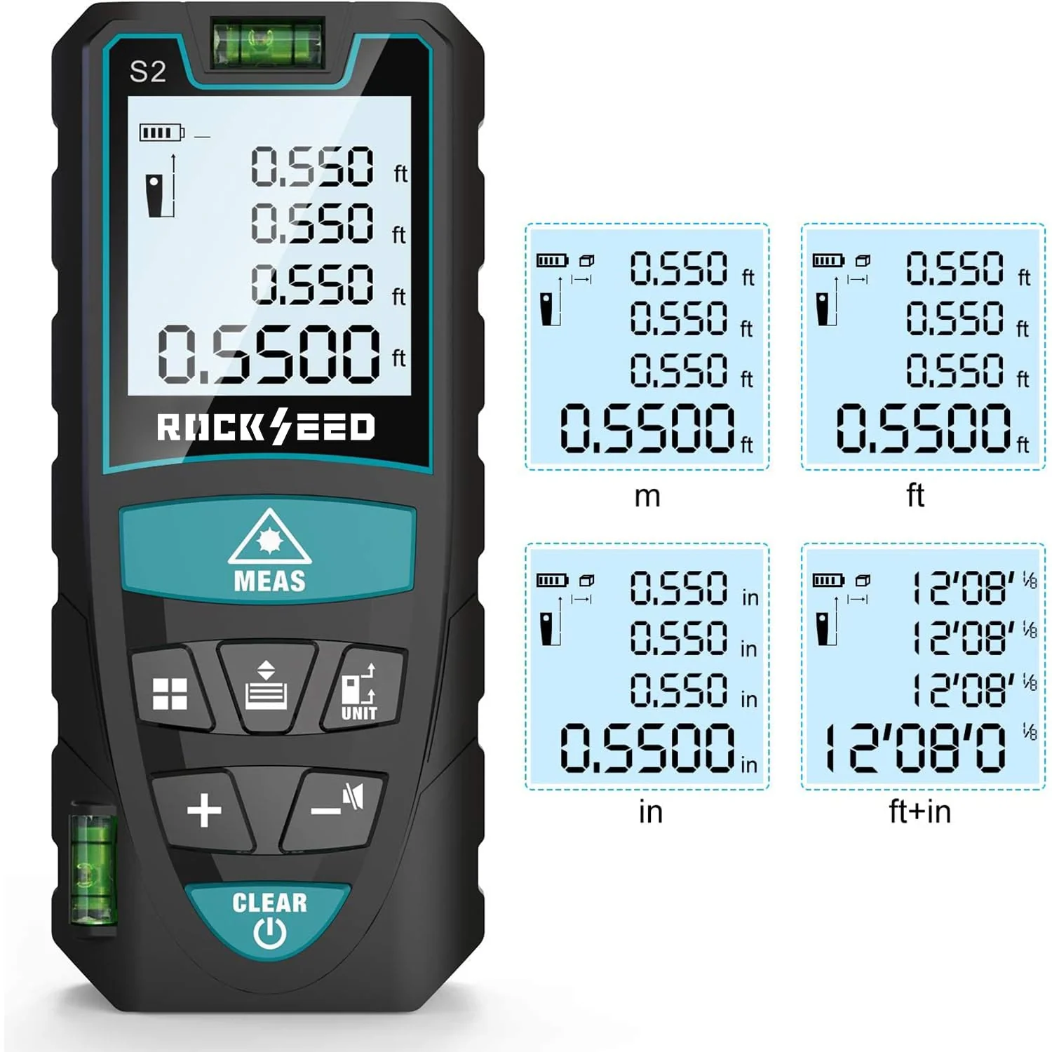 Laser-Entferungsmesser 100M,RockSeed Digitaler Lasermessgerät mit 2 Blasenebenen,Tragbarer Lasermessgerät M/In/Ft Einheit Hintergrundbeleuchtetes LCD zur Messung Entfernung/Fläche/Volumen/Pythagorean - Image 3