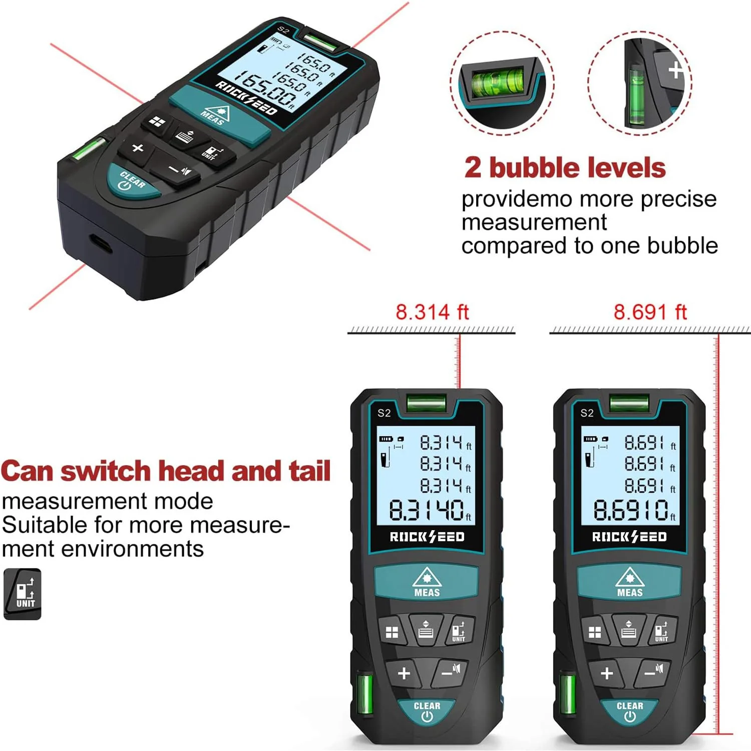 Laser-Entferungsmesser 100M,RockSeed Digitaler Lasermessgerät mit 2 Blasenebenen,Tragbarer Lasermessgerät M/In/Ft Einheit Hintergrundbeleuchtetes LCD zur Messung Entfernung/Fläche/Volumen/Pythagorean - Image 7
