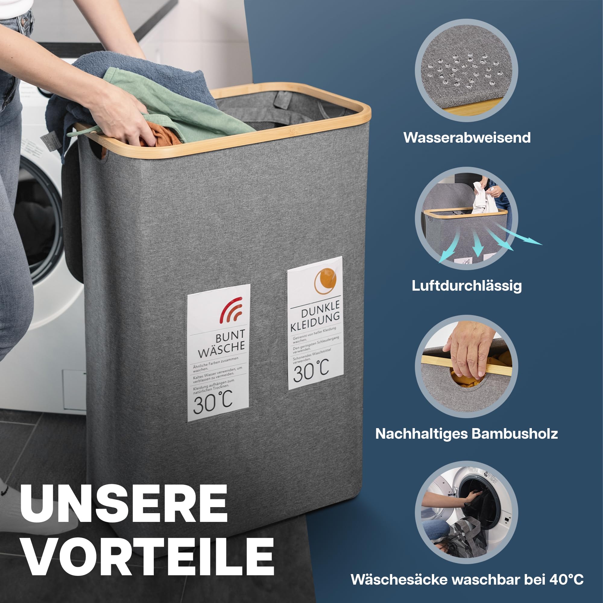 Lavanderi® Wäschekorb 2 Fächer & Deckel [schmal grau 140L XL] - Faltbare Wäschebox mit Waschhinweisen - Wäschesammler groß als Schmutzwäschebehälter - Laundry basket organizer with smartcards - Image 6