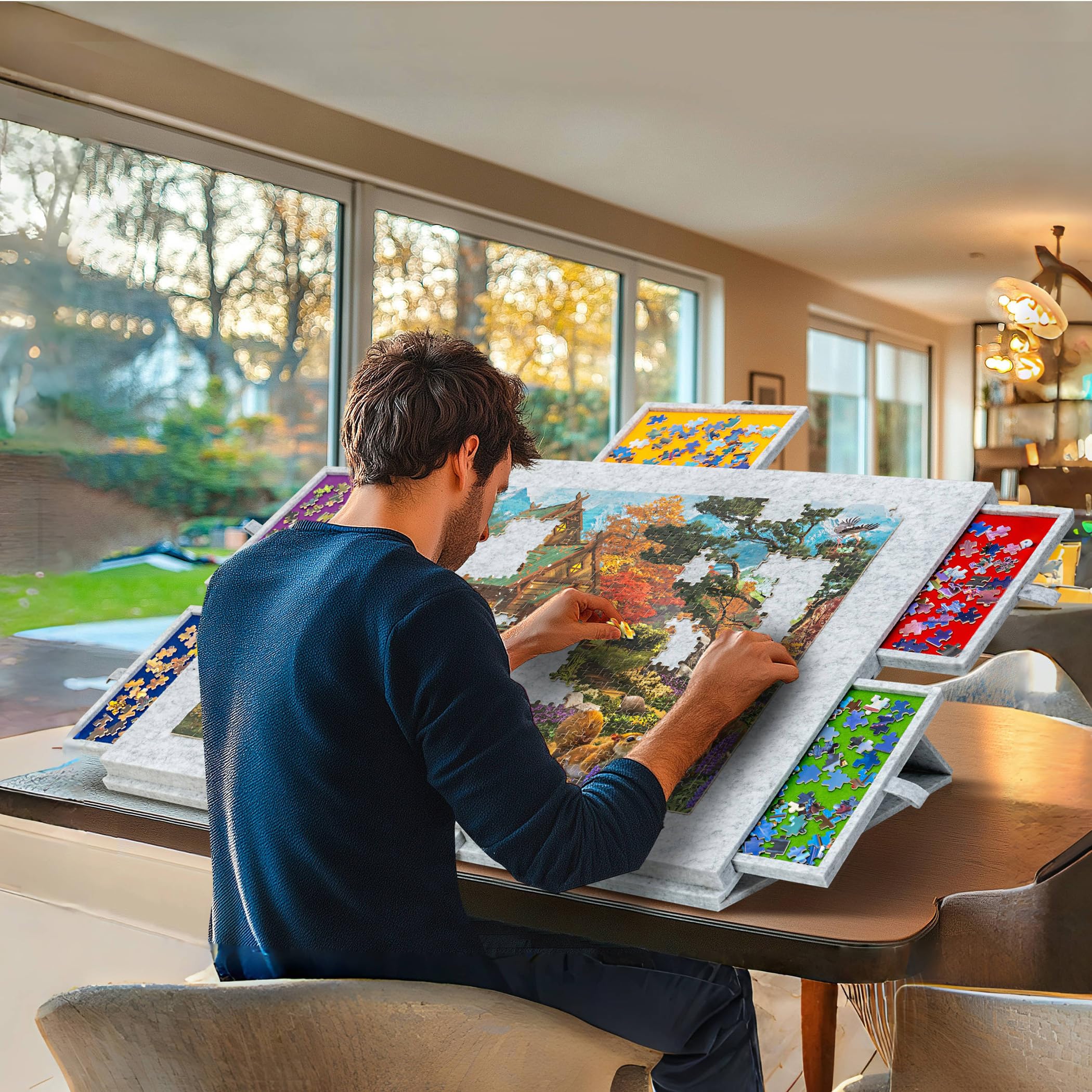 Lavievert 1500 Teile geneigtes Puzzlebrett mit 2-in-1 Design Ständer und Abdeckung und 6 Schubladen leichte Puzzle-Plattform, tragbarer Puzzletisch für Erwachsene mit Filz-Puzzle-Schutz - Hellgrau - Image 3