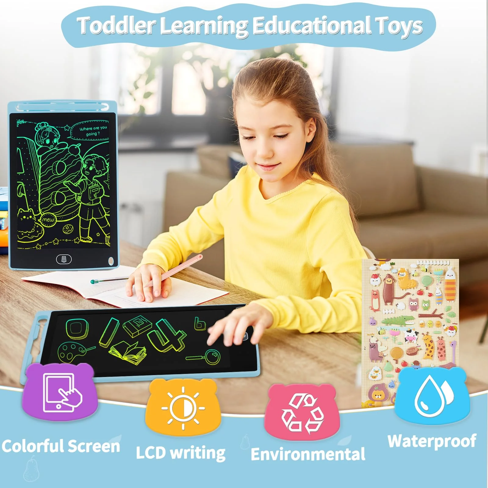 LCD Schreibtafel 8,5 Zoll, Genialba Buntes LCD Schreibtablett, Tragbarer Löschbarer Zeichenbrett, LCD Writing Tablet, Grafiktablett für Kinderspiele 2 3 4 5 6 7 Jahre Jungen Mädchen (Blau) - Image 5