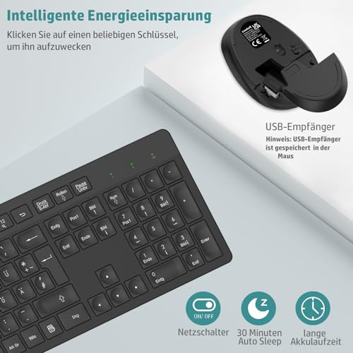 LeadsaiL K786 Tastatur Maus Set Kabellose, Tastatur und Maus, QWERTZ Deutsches Layout Funktastatur mit Maus, Flüsterleiser Tastenanschlag, 2.4 GHz mit 2-in-1 USB Nano Empfänger für PC/Laptop