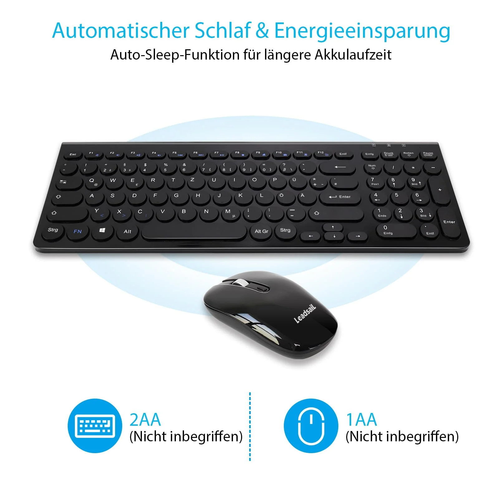LeadsaiL Kabellose Tastatur und Maus Combo, Silent, 2,4 GHz USB-Empfänger, Funkmaus mit DPI-Taste, Für PC, Laptop, Deutsches QWERTZ-Layout, batteriebetrieben-Schwarz - Image 7