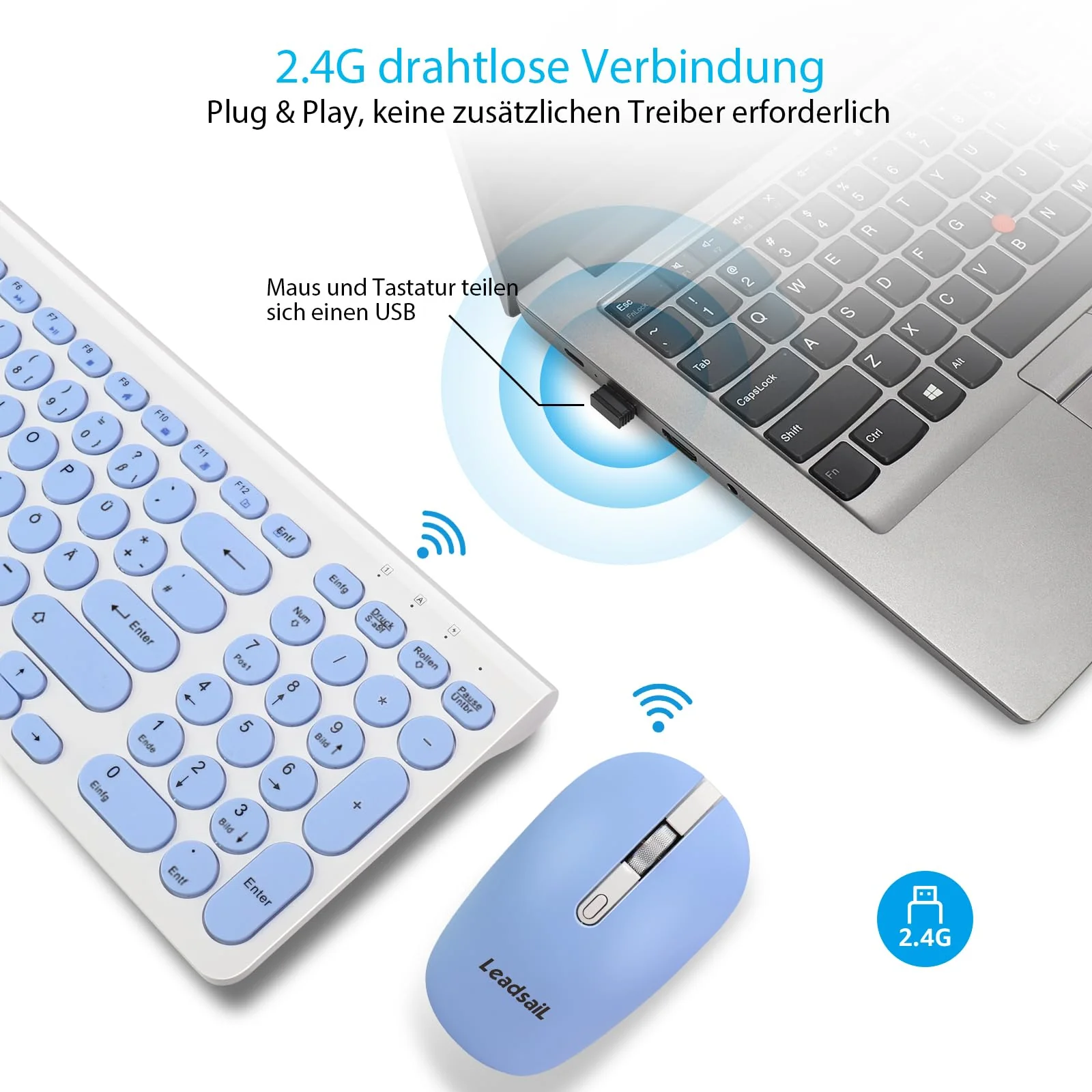 LeadsaiL, kabelloses Tastatur-Maus-Set, ergonomische Maus und Tastatur, kabellose PC-Tastatur und Maus, deutsches QWERTZ-Layout, leise Tastatur- und Maustasten, MacOS PC, Laptop, Blau - Image 2