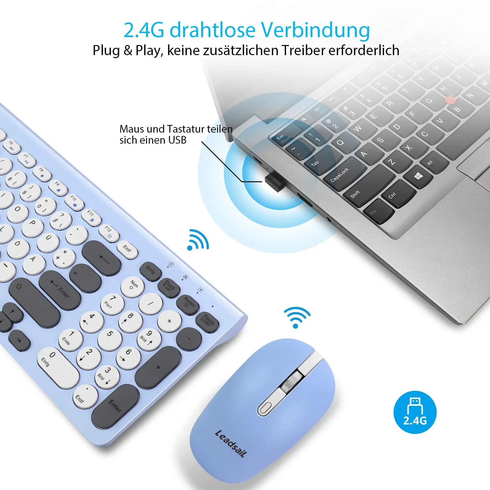 LeadsaiL, kabelloses Tastatur-Maus-Set, ergonomische Maus und Tastatur, kabellose PC-Tastatur und Maus, deutsches QWERTZ-Layout, leise Tastatur- und Maustasten, MacOS PC, Laptop, Farbig - Image 3