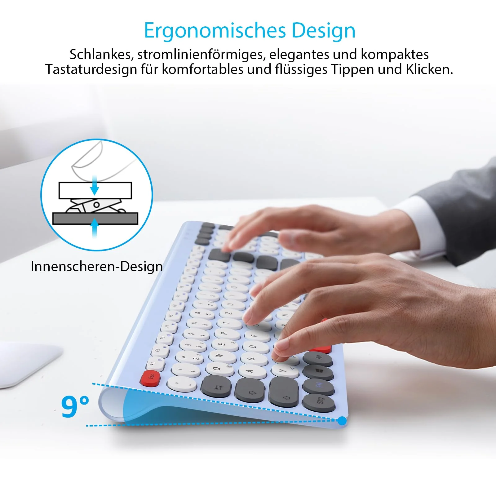 LeadsaiL, kabelloses Tastatur-Maus-Set, ergonomische Maus und Tastatur, kabellose PC-Tastatur und Maus, deutsches QWERTZ-Layout, leise Tastatur- und Maustasten, MacOS PC, Laptop, Farbig - Image 4