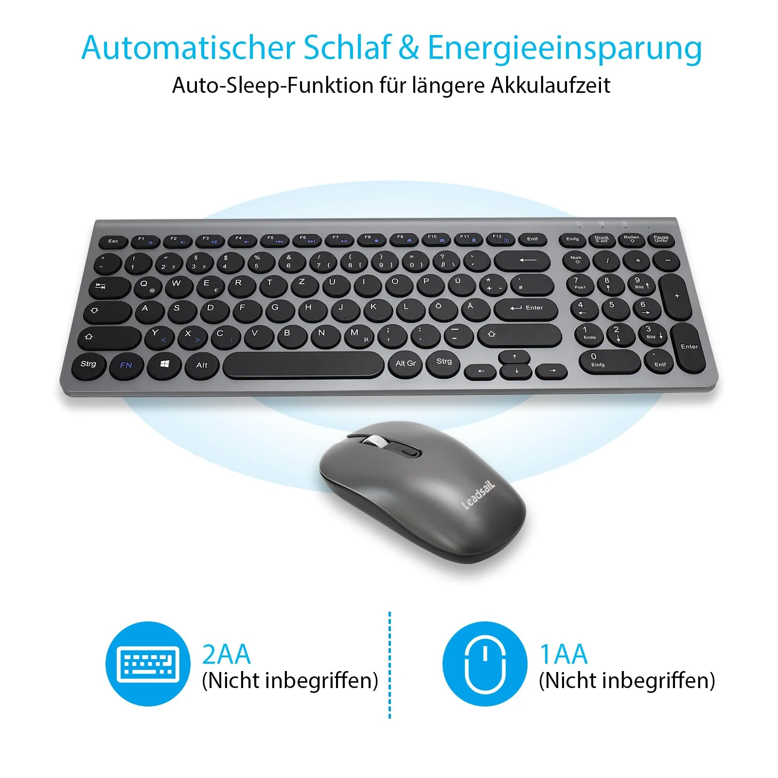 LeadsaiL, kabelloses Tastatur-Maus-Set, ergonomische Maus und Tastatur, kabellose PC-Tastatur und Maus, deutsches QWERTZ-Layout, leise Tastatur- und Maustasten, MacOS PC, Laptop, Grau