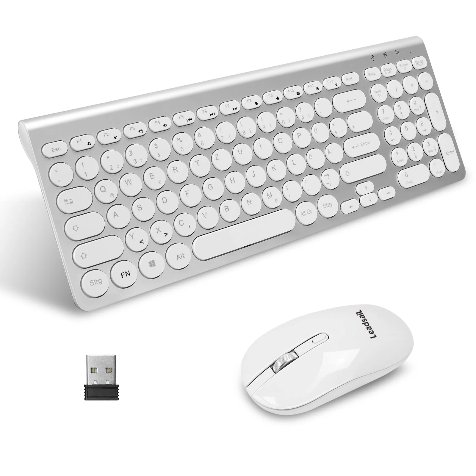 LeadsaiL, kabelloses Tastatur-Maus-Set, ergonomische Maus und Tastatur, kabellose PC-Tastatur und Maus, deutsches QWERTZ-Layout, leise Tastatur- und Maustasten, MacOS PC, Laptop, Silber - Image 2