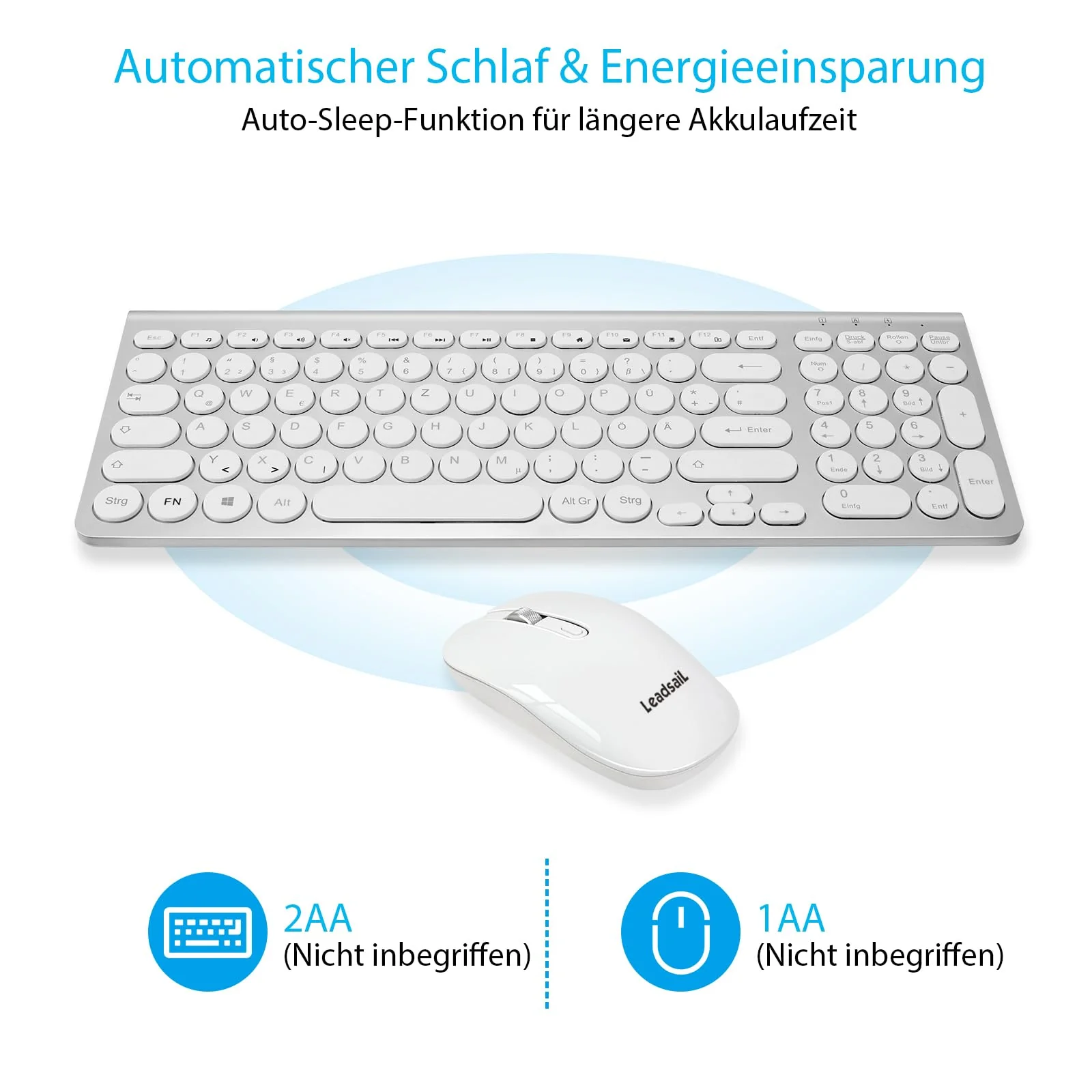 LeadsaiL, kabelloses Tastatur-Maus-Set, ergonomische Maus und Tastatur, kabellose PC-Tastatur und Maus, deutsches QWERTZ-Layout, leise Tastatur- und Maustasten, MacOS PC, Laptop, Silber - Image 3