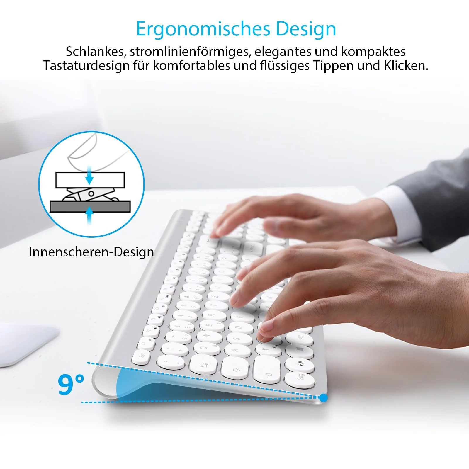 LeadsaiL, kabelloses Tastatur-Maus-Set, ergonomische Maus und Tastatur, kabellose PC-Tastatur und Maus, deutsches QWERTZ-Layout, leise Tastatur- und Maustasten, MacOS PC, Laptop, Silber - Image 4