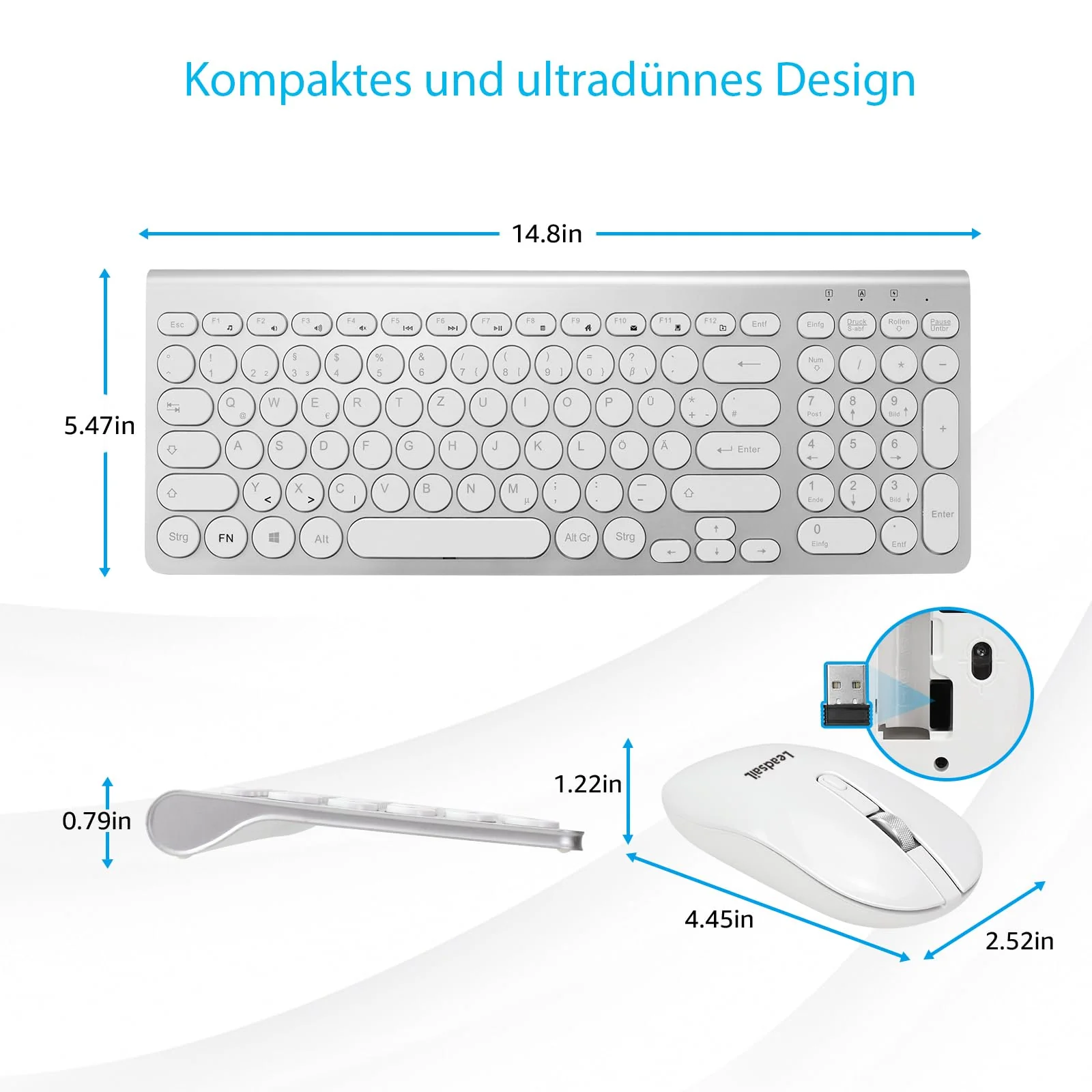LeadsaiL, kabelloses Tastatur-Maus-Set, ergonomische Maus und Tastatur, kabellose PC-Tastatur und Maus, deutsches QWERTZ-Layout, leise Tastatur- und Maustasten, MacOS PC, Laptop, Silber - Image 5