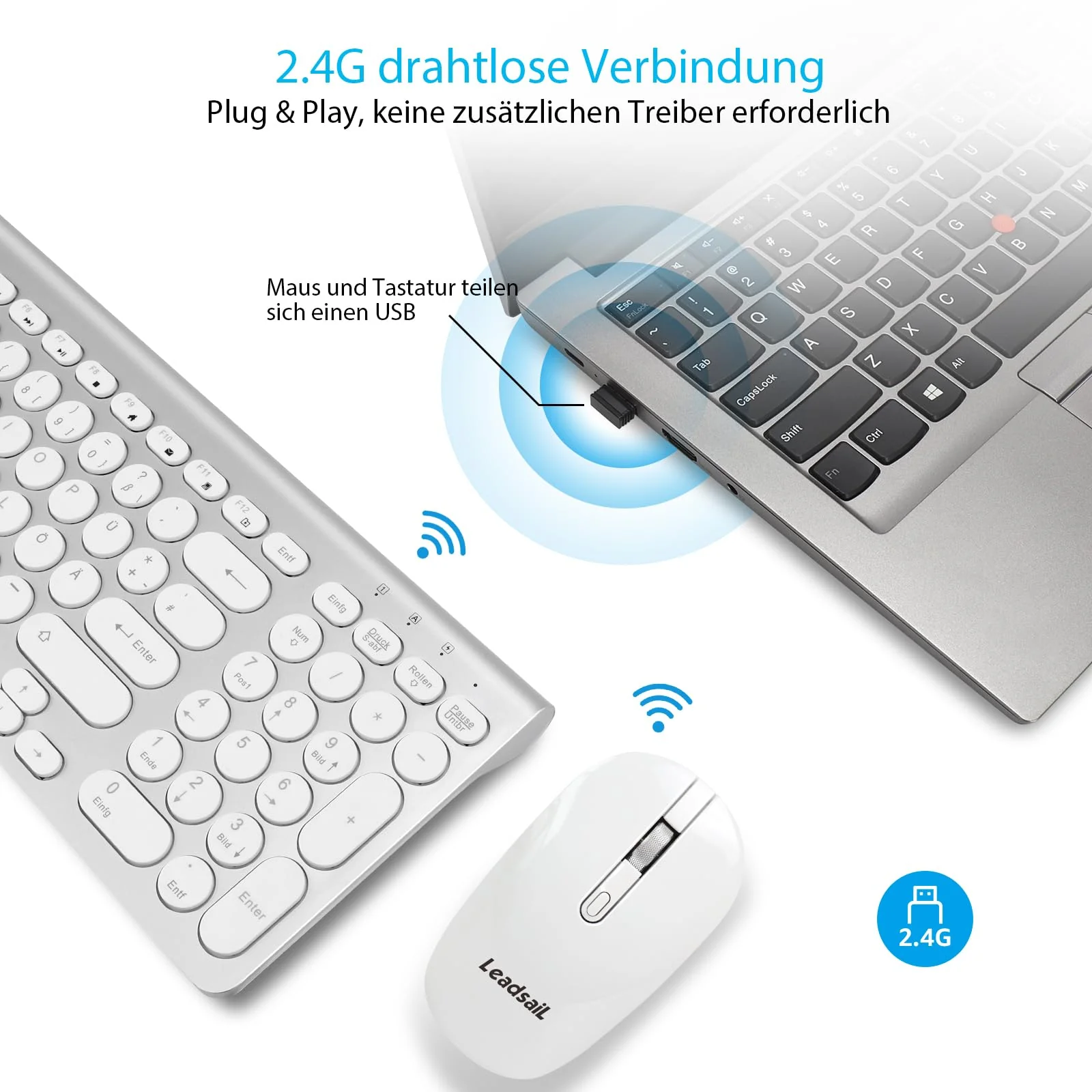 LeadsaiL, kabelloses Tastatur-Maus-Set, ergonomische Maus und Tastatur, kabellose PC-Tastatur und Maus, deutsches QWERTZ-Layout, leise Tastatur- und Maustasten, MacOS PC, Laptop, Silber - Image 6