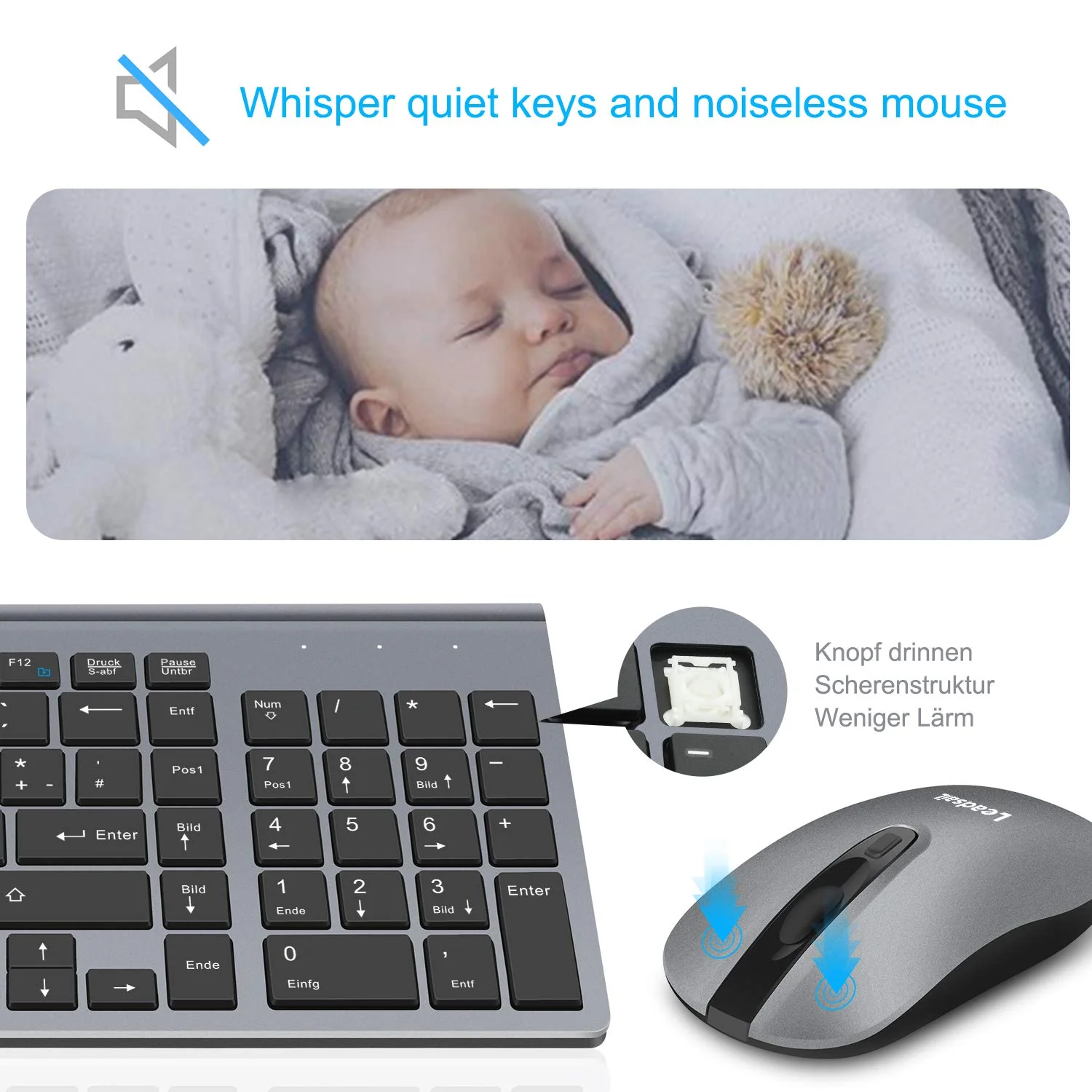 LeadsaiL Tastatur Maus Set Kabellos, 2,4 GHz USB-Empfänger Ultradünne Leise, Deutsch QWERTZ-Layout, 12 FN-Tasten Für Windows XP/7/8/10, PC, Laptop, Computer, Desktop - Grau - Image 2