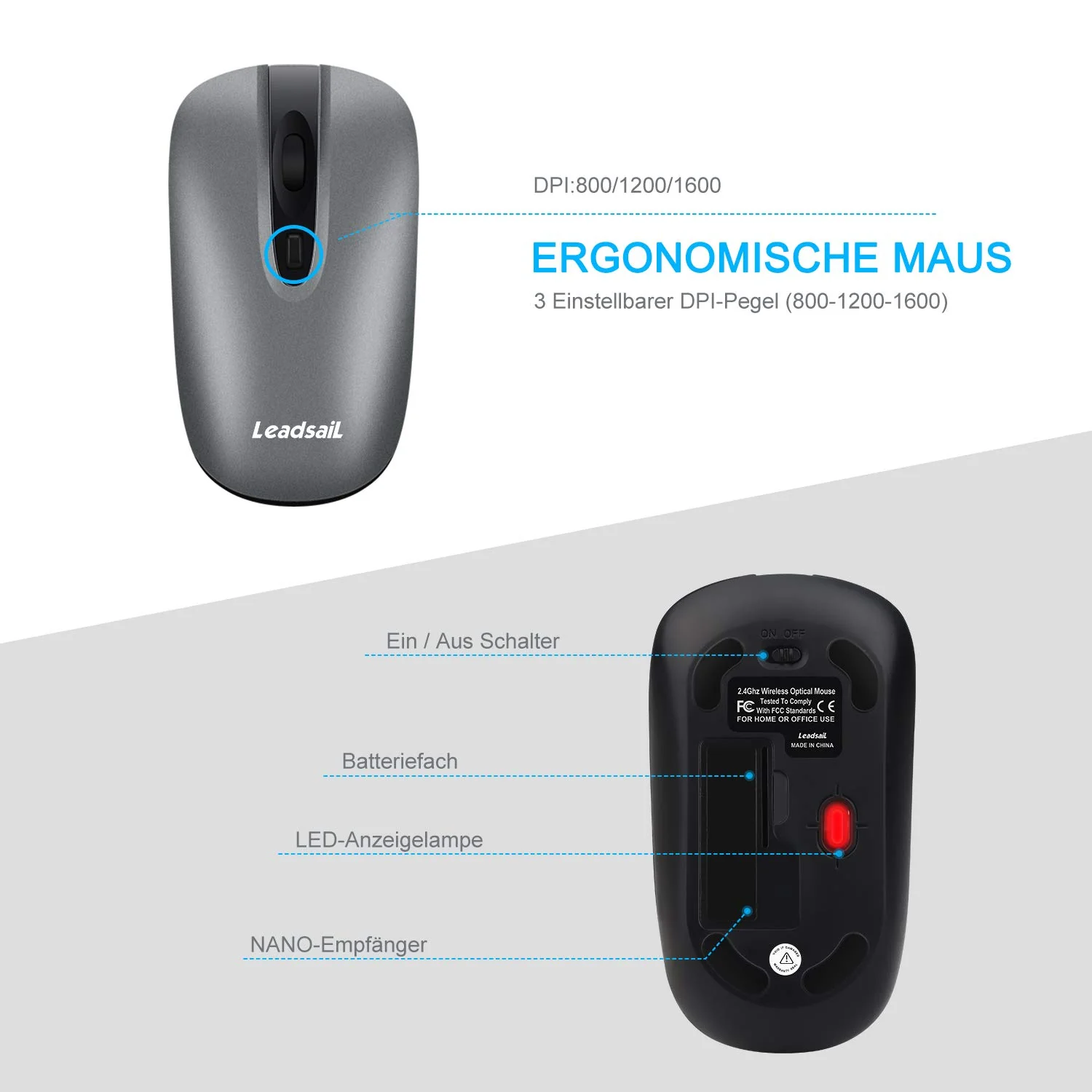LeadsaiL Tastatur Maus Set Kabellos, 2,4 GHz USB-Empfänger Ultradünne Leise, Deutsch QWERTZ-Layout, 12 FN-Tasten Für Windows XP/7/8/10, PC, Laptop, Computer, Desktop - Grau - Image 6