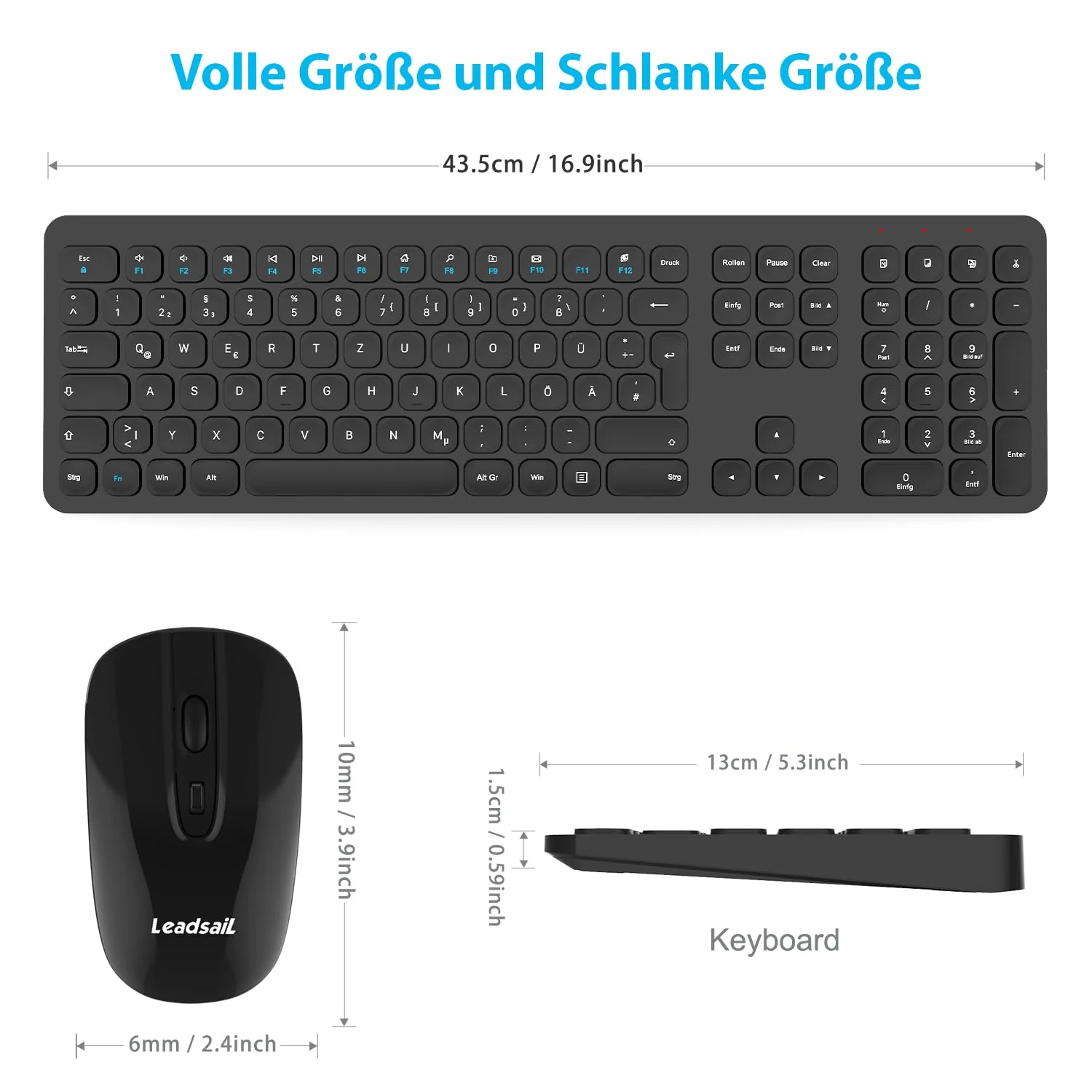 LeadsaiL Tastatur Maus Set Kabellos,Ergonomische Maus und Tastatur,Funk PC Tastatur und Maus in Voller Größe, Deutsch QWERTZ-Layout, Leise Tasten und Maustasten,12 FN-Tasten Für Windows, macOS, Laptop - Image 5