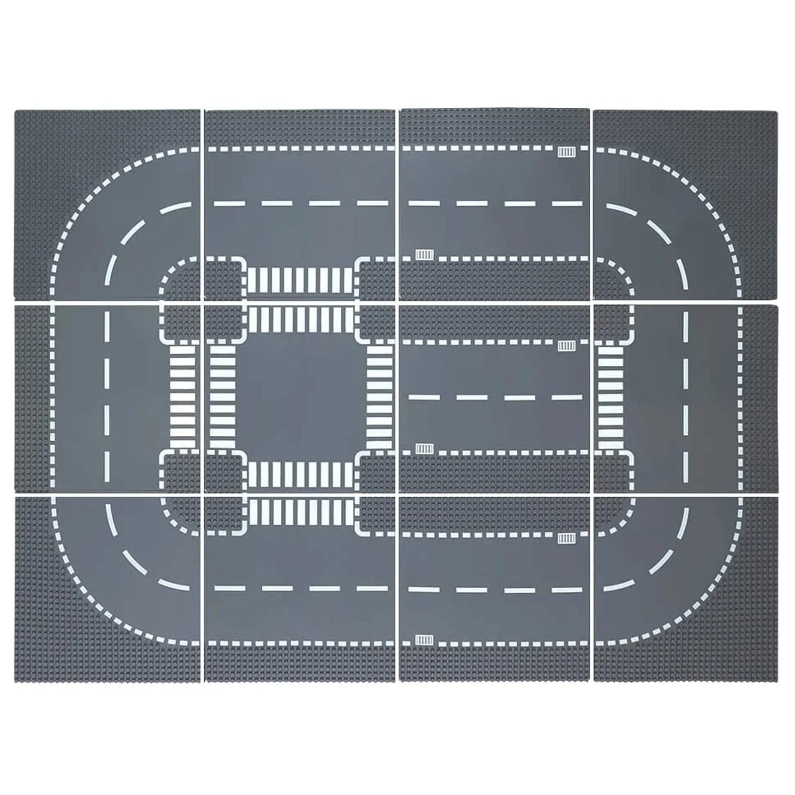 LEAFYIP 12 Platten Set Stadt Strassen Grundplatte, 25.5 * 25.5cm Städte Straßenplatten 100% Kompatibel mit Meisten Marken (4 Kurve/3 Gerade/1 Kreuzung/4 T-Kreuzung)
