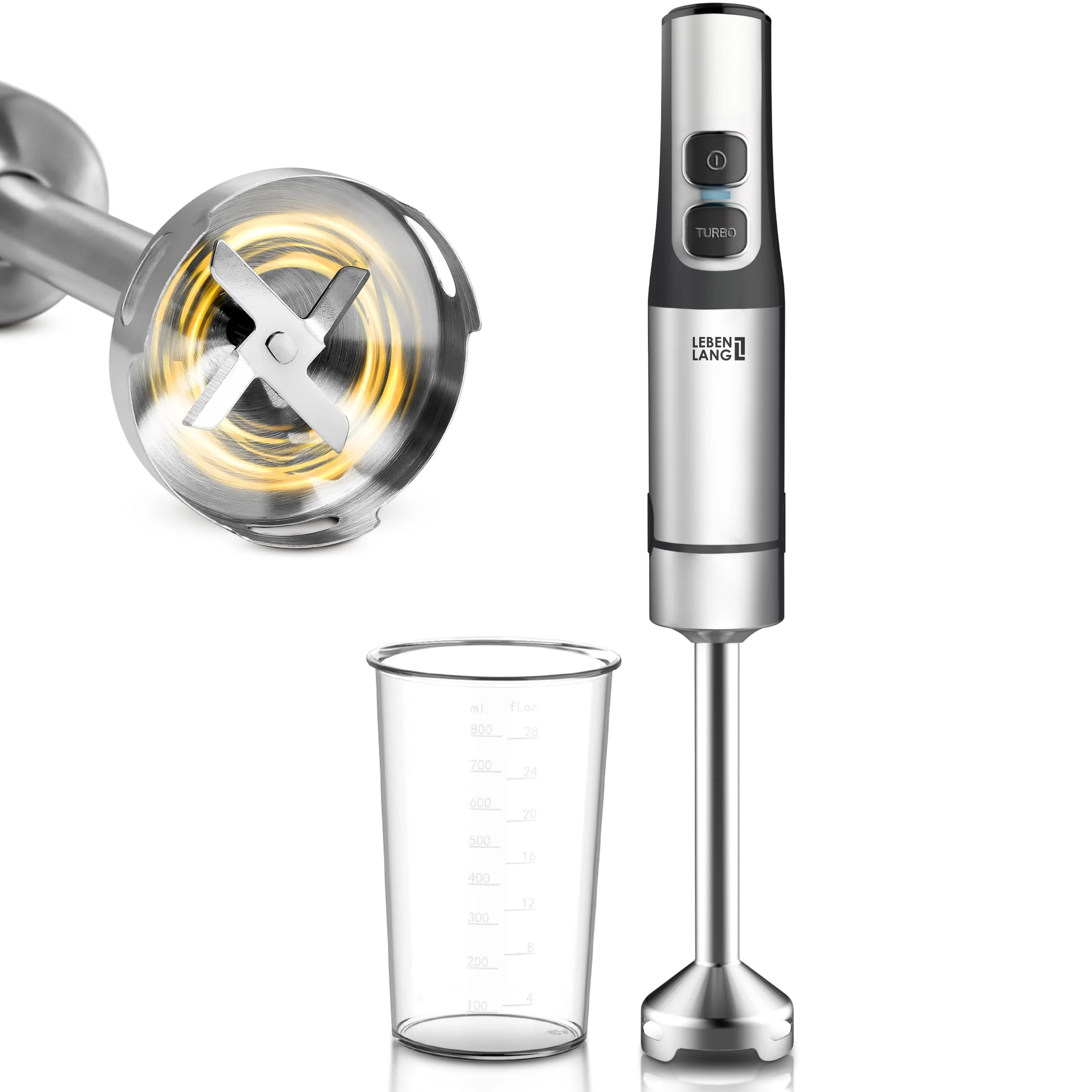 LEBENLANG 1200W Stabmixer Edelstahl - Inkl. 800ml Messbecher & Spritzschutz I Stufenlos verstellbar & Turbo I Pürierstab Zauberstab Mixer Mixstab Elektrische Hand Blender Purierstabmixer Pürierstäbe - Image 2