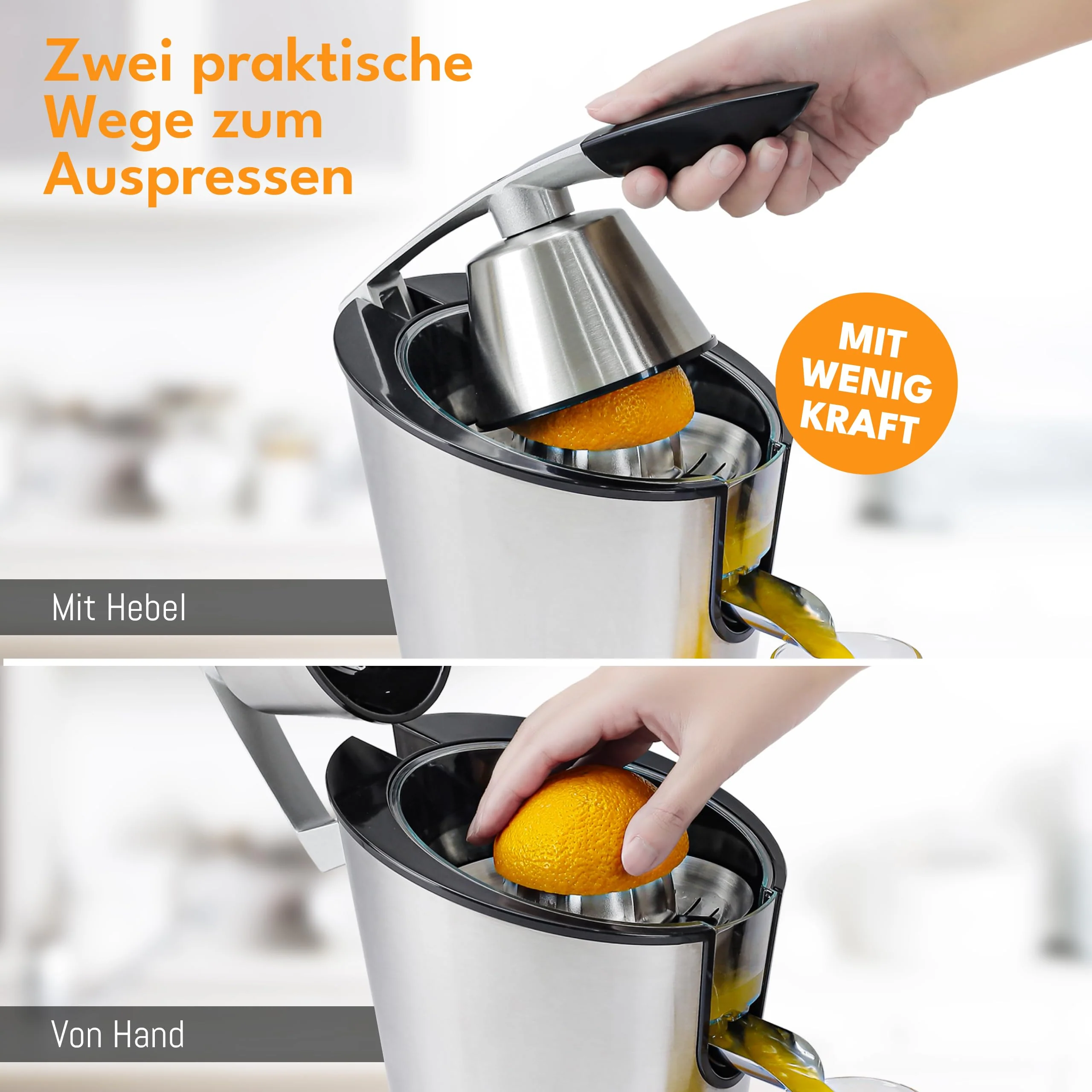 LEBENLANG Orangenpresse elektrische Edelstahl 600W - Inkl. Edelstahlkegel & BPA-Frei I Hohe Saftausbeute für Orangen & Zitronen I Elektrische Saftpresse elektrisch Entsafter Zitruspresse Fruchtpresse