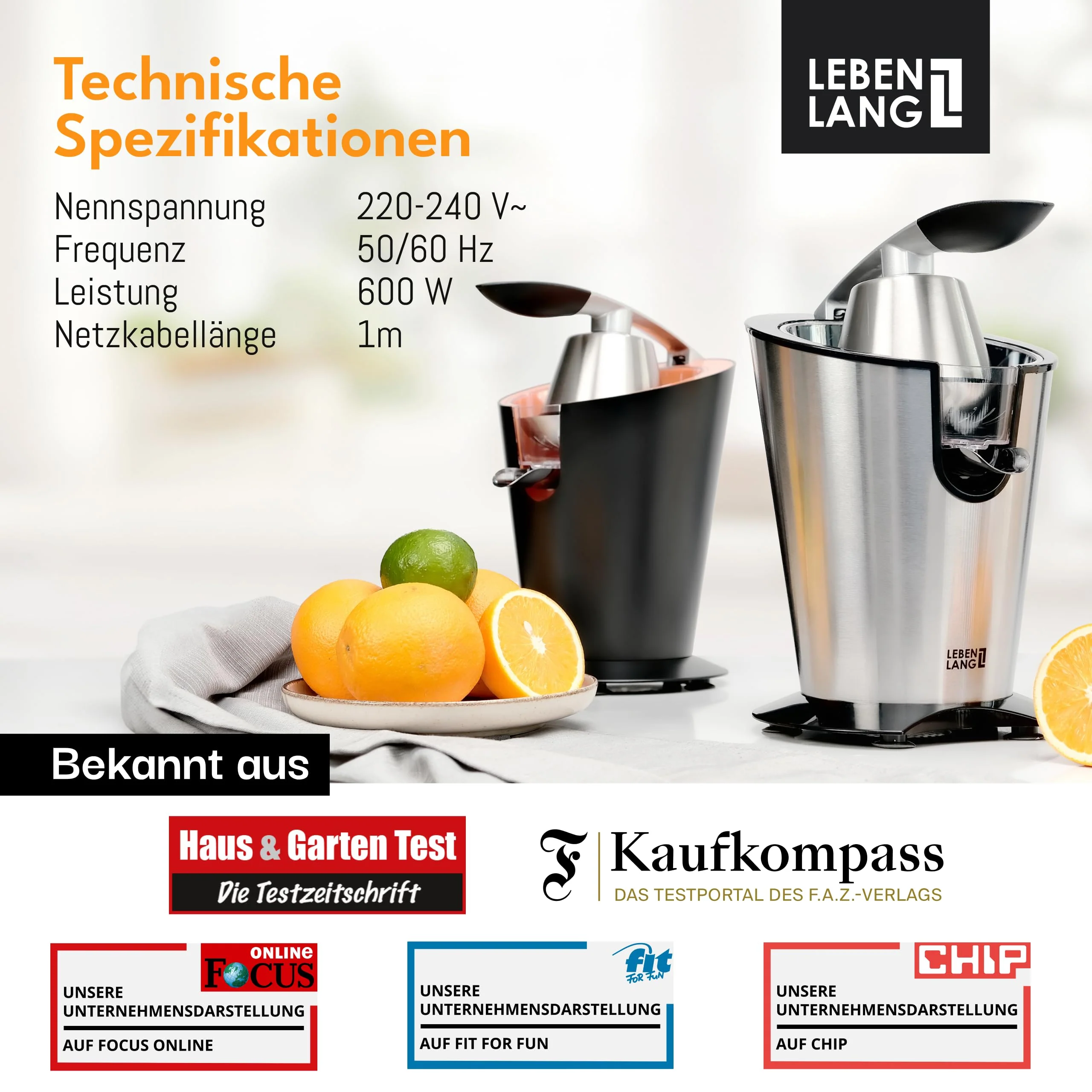 LEBENLANG Orangenpresse elektrische Edelstahl 600W - Inkl. Edelstahlkegel & BPA-Frei I Hohe Saftausbeute für Orangen & Zitronen I Elektrische Saftpresse elektrisch Entsafter Zitruspresse Fruchtpresse - Image 4