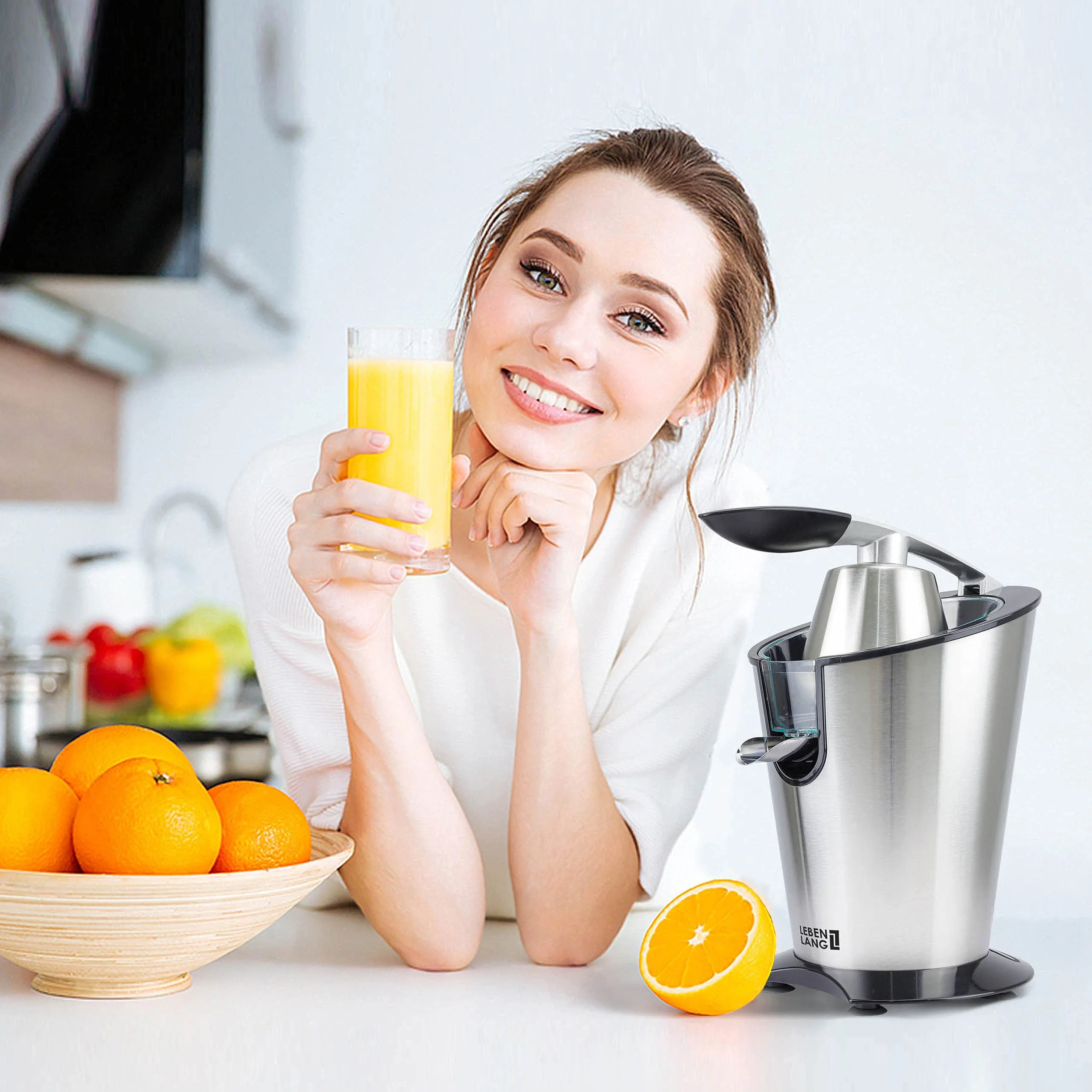 LEBENLANG Orangenpresse elektrische Edelstahl 600W - Inkl. Edelstahlkegel & BPA-Frei I Hohe Saftausbeute für Orangen & Zitronen I Elektrische Saftpresse elektrisch Entsafter Zitruspresse Fruchtpresse - Image 5