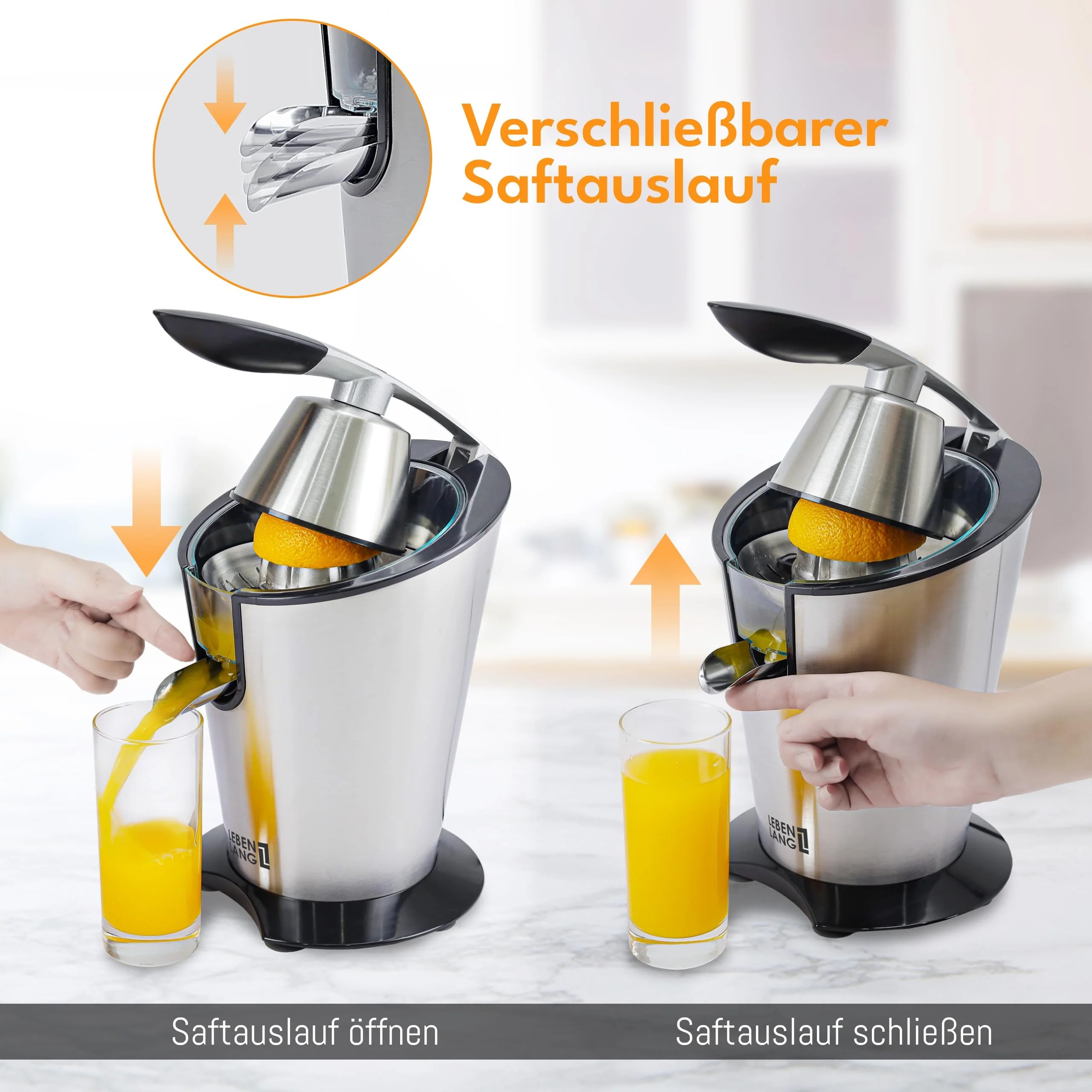 LEBENLANG Orangenpresse elektrische Edelstahl 600W - Inkl. Edelstahlkegel & BPA-Frei I Hohe Saftausbeute für Orangen & Zitronen I Elektrische Saftpresse elektrisch Entsafter Zitruspresse Fruchtpresse - Image 6