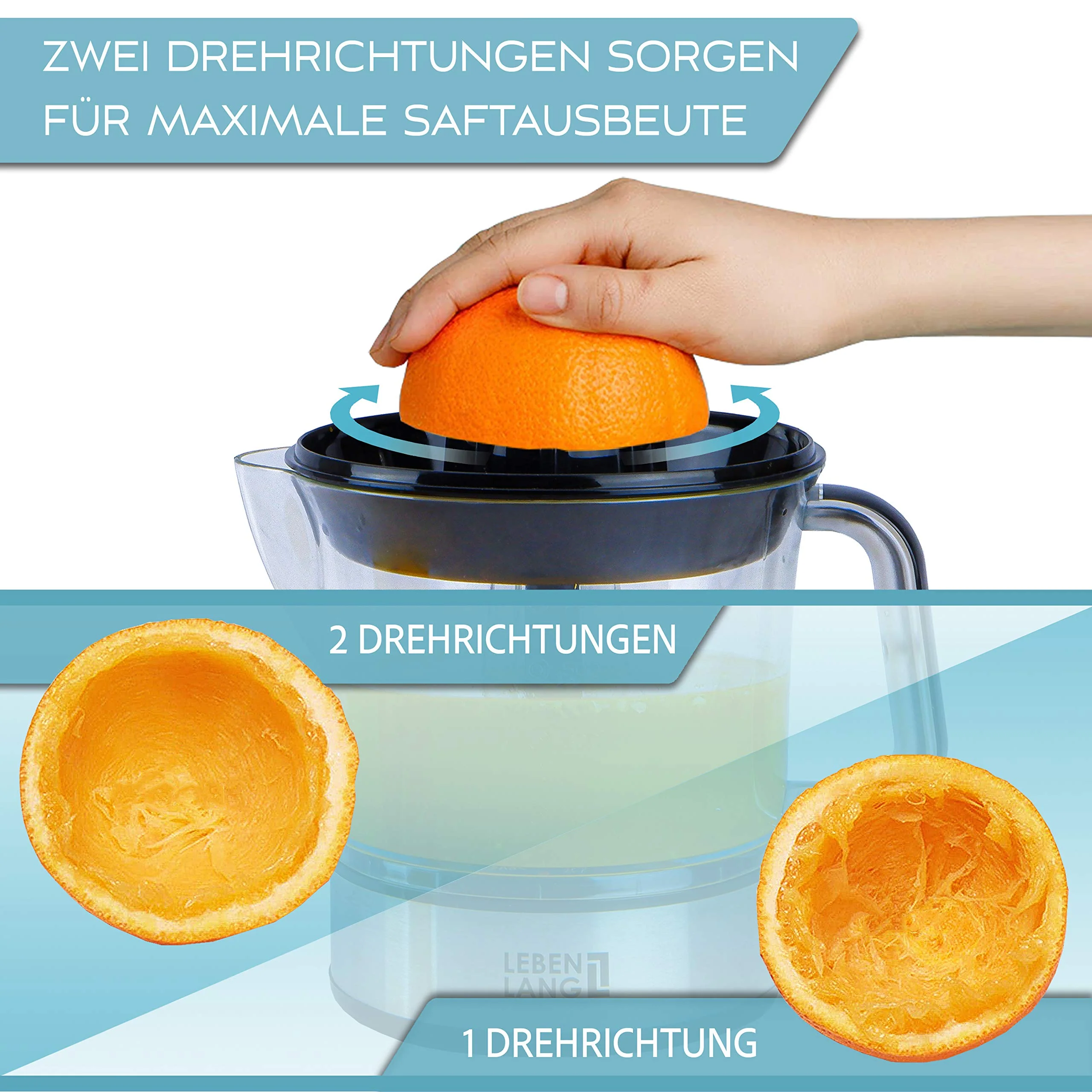 LEBENLANG Zitronenpresse elektrisch hohe Saftausbeute – Saftpresse, Orangenpresse 2 Drehrichtungen – Elektrische Fruchtpresse 2 Kegel - Orangen Edelstahl Zitruspresse - Image 2