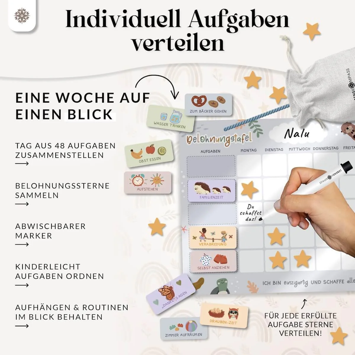 Lebenskompass® Belohnungstafel Kinder Blau - Abwischbare Whiteboard-Tafel mit Aufhängeband - Belohnungsplaner für Kinder zur Motivation - Image 6