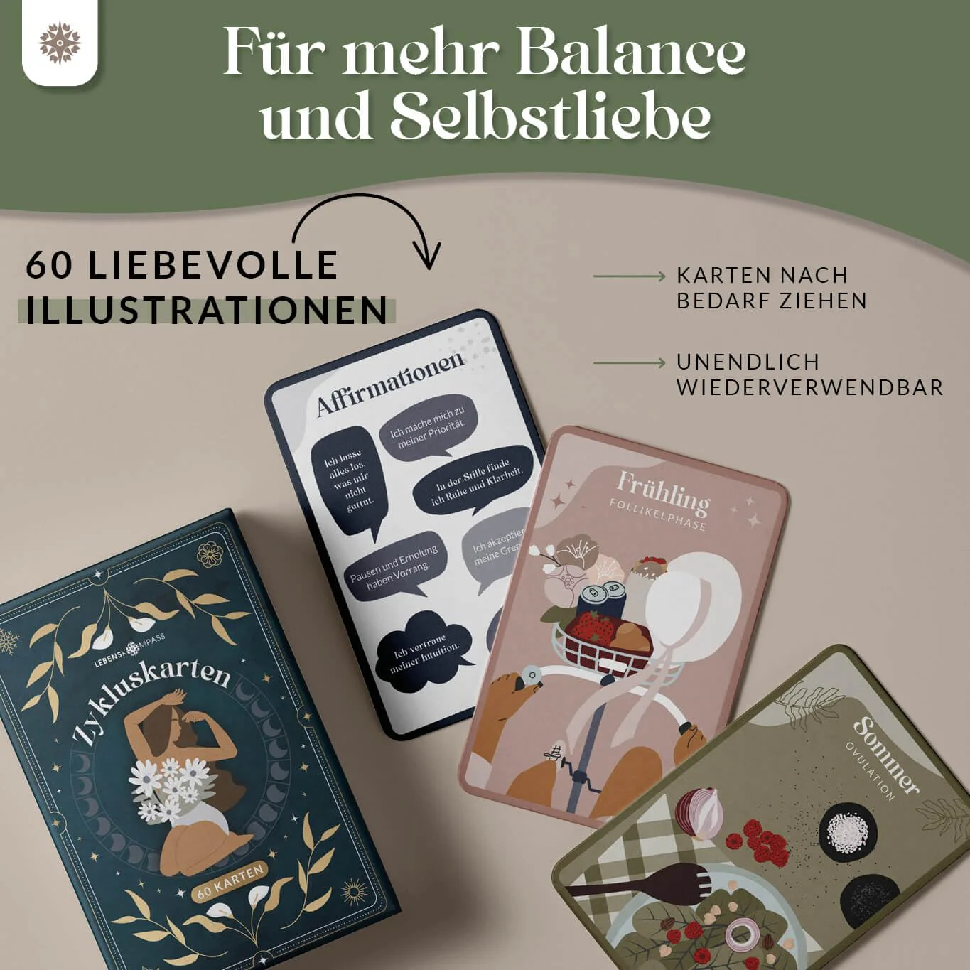 LEBENSKOMPASS 60 Zykluskarten - Achtsamkeit & Selbstliebe: Übungen und Affirmationen für den weiblichen Zyklus, inklusive Wissens-Booklet - - Image 6