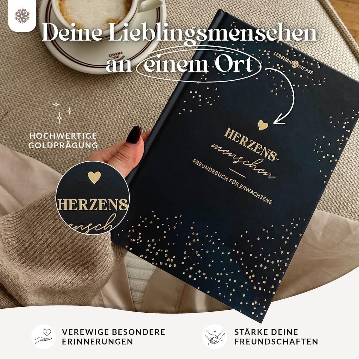 LEBENSKOMPASS Freundebuch für Erwachsene HEART - Ein Erwachsenen Freundebuch mit für 30 Freunde, abwechselnden Vorlagen & extra Gemeinschaftsseiten, A5 Hardcover mit Goldveredelung - Image 6