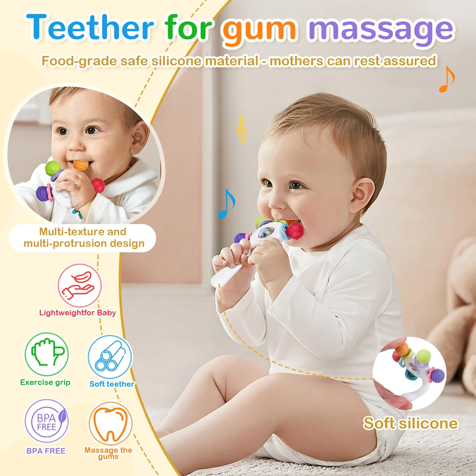 Lebensmittel - Qualität Baby Beißringe Zahnring - BPA - frei, Würgerecht - Design, Griffstärkung, geeignet für Hörentwicklung und Zähneentwicklung, ideal für Babys im Alter von 0-36 Monaten (Weiß) - Image 6