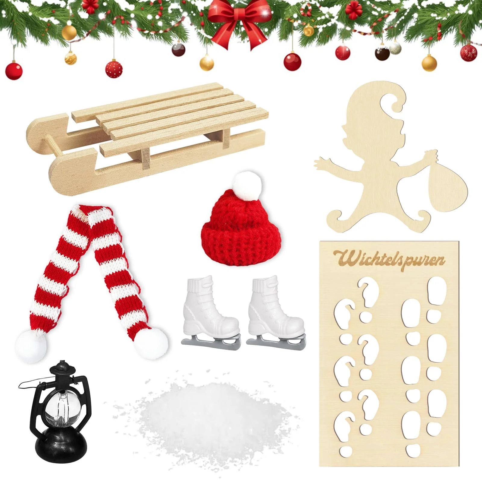 Leboria Wichtel Zubehör Weihnachten, Wichtel Ski Set, mit Schlitten Schlittschuhe, Wichtel Fußabdrücke Vorlage, Schal Hut Laterne usw, Wichteltür Deko Puppenhaus Zubehör, Wichtelzubehör