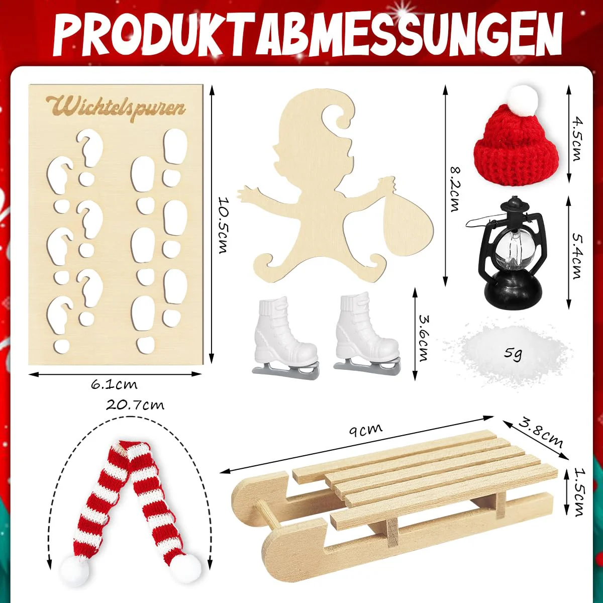 Leboria Wichtel Zubehör Weihnachten, Wichtel Ski Set, mit Schlitten Schlittschuhe, Wichtel Fußabdrücke Vorlage, Schal Hut Laterne usw, Wichteltür Deko Puppenhaus Zubehör, Wichtelzubehör - Image 7