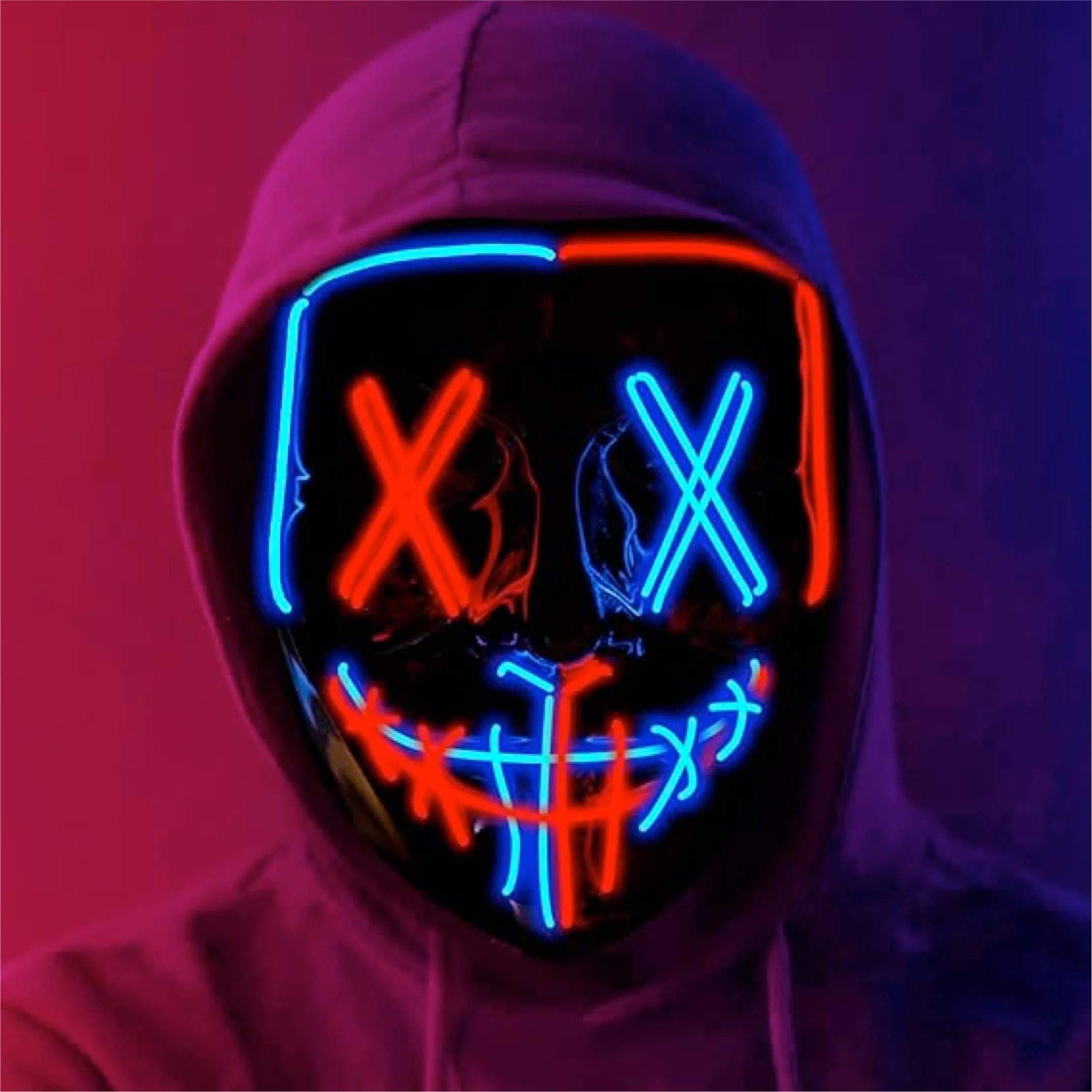 LED Purge Maske - Kostümmaske steuerbar für Halloween, Fasching & Karneval als Kostüm für Herren & Damen (Farbauswahl) (blau/rot)