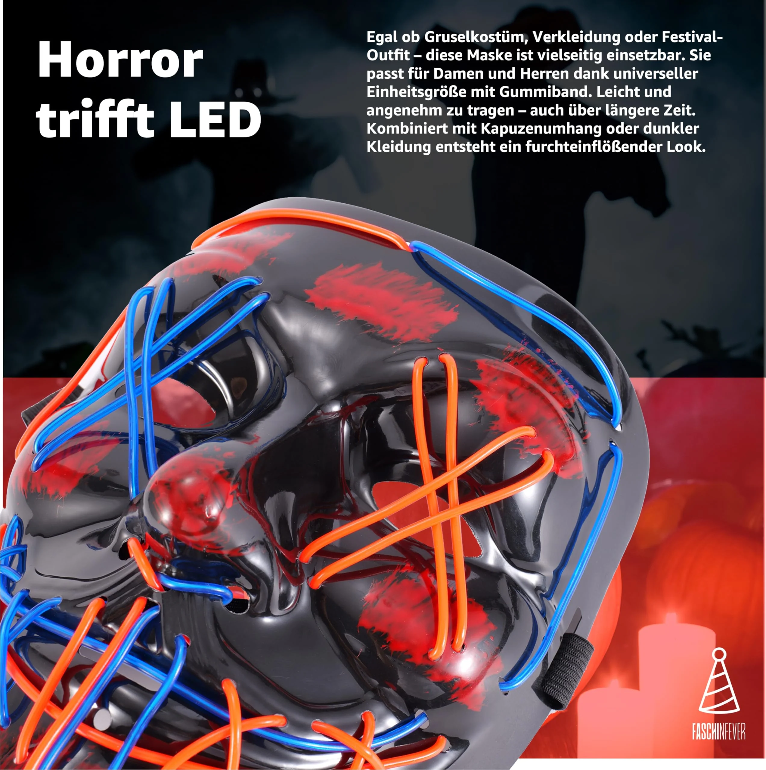 LED Purge Maske - Kostümmaske steuerbar für Halloween, Fasching & Karneval als Kostüm für Herren & Damen (Farbauswahl) (blau/rot) - Image 3