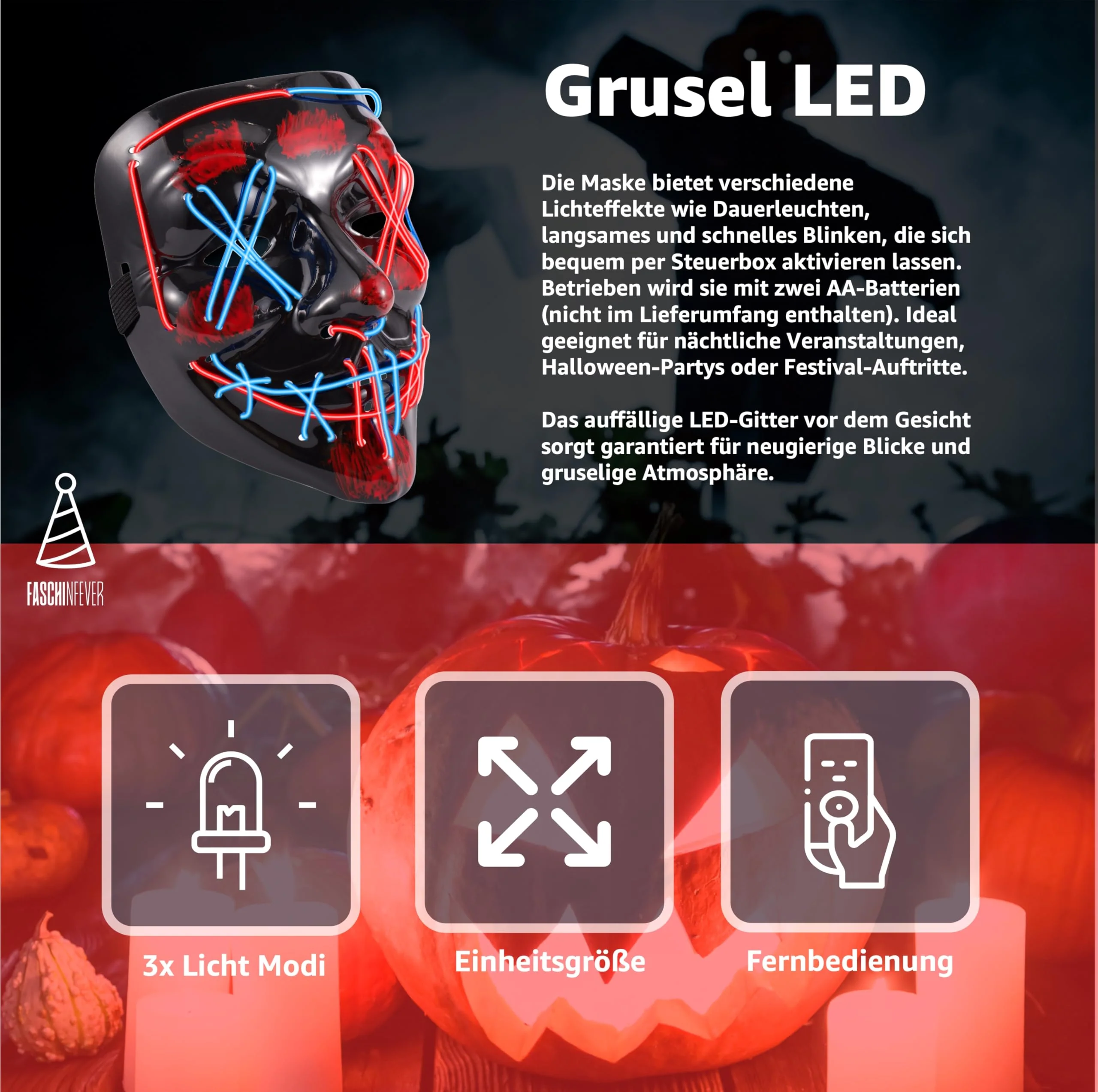 LED Purge Maske - Kostümmaske steuerbar für Halloween, Fasching & Karneval als Kostüm für Herren & Damen (Farbauswahl) (blau/rot) - Image 6