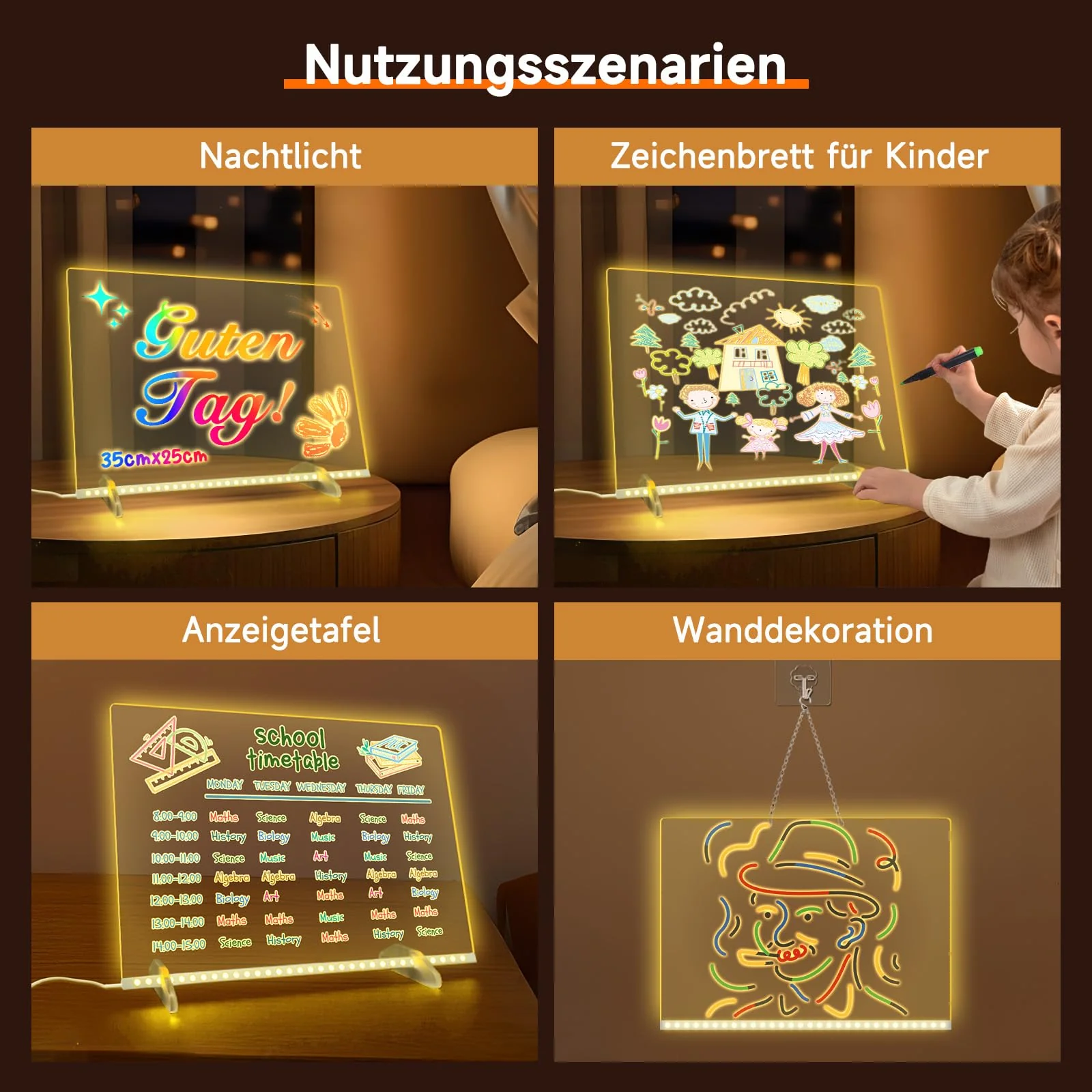 Led Zeichenbrett, Leuchtendes Led Zeichenbrett für Kinder mit 13 Farben & 6 Modi, 35x25cm Acryl Schreibtafel Kinder mit Adapter für Maltafel, Memo, Werbung, Nachtlicht, Wanddekoration - Image 2