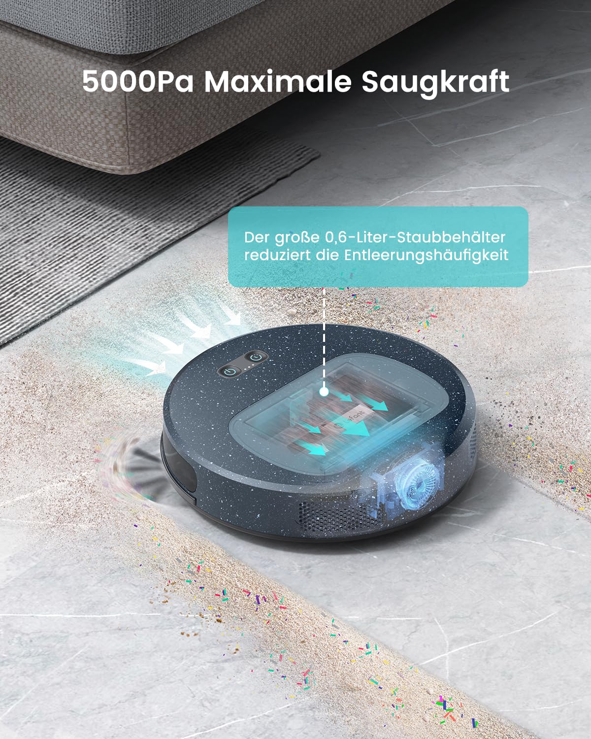LEFANT F1 Saugroboter mit Wischfunktion, Staubsauger Roboter mit 5000 Pa Saugkraft, Ultraflaches Design, Bis zu 250 Minuten Akkulaufzeit, Ausgestattet mit einem 600-ml-Staubbehälter mit Sichtfenster - Image 7