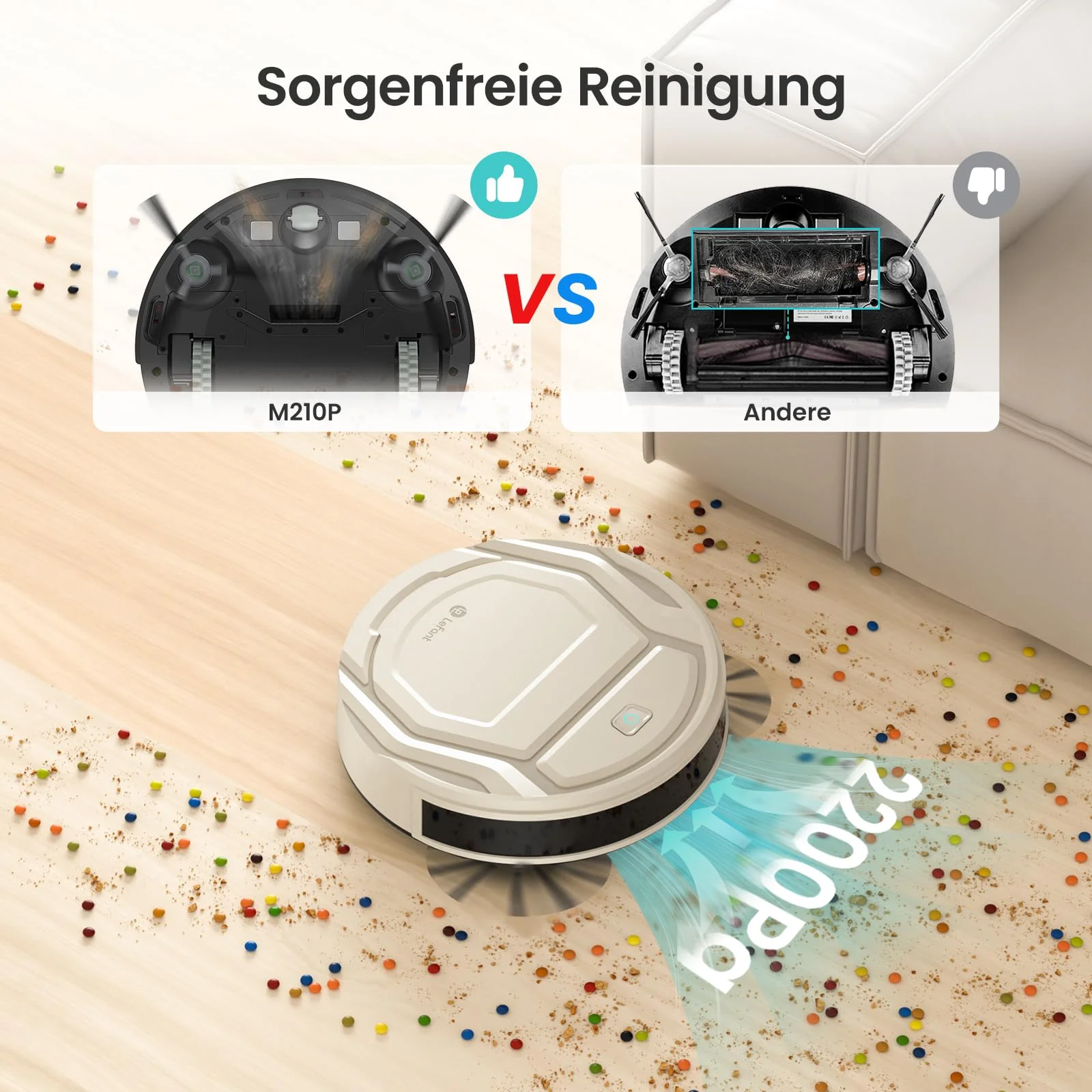 LEFANT M210P Saugroboter, Superschlank Staubsauger Roboter, 2200 Pa Saugkraft, 120 Min Laufzeit, WLAN optimiert für Teppiche, Tierhaare, Hartböden, Roboterstaubsauger mit Ladestation, Champagnergrau - Image 7