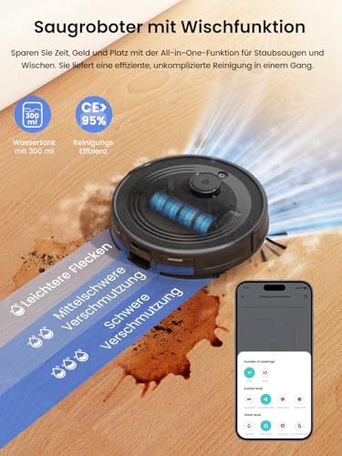 LEFANT M2Pro Staubsaugerroboter, 5500Pa Saugroboter mit Wischfunktion mit Auto Staubabsaugung, Staubsauger Roboter mit LiDAR-Navigation Mapping, Vermeidung von Hindernissen PSD, für Tierhaare, Schwarz - Image 3
