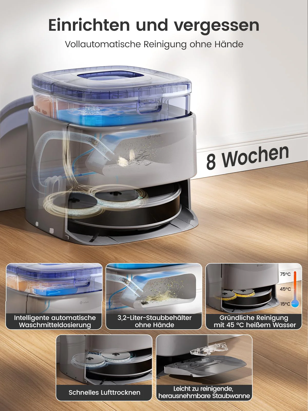 LEFANT M3 Saugroboter mit Wischfunktion,12000 Pa Saugkraft,Automatisches Andocken,Vermeiden von Hindernissen,Anheben des Wischmopps,220Mins Max,Anti-Tangle,LiDAR Navigation,WLAN, App und Alexa, Grau - Image 8