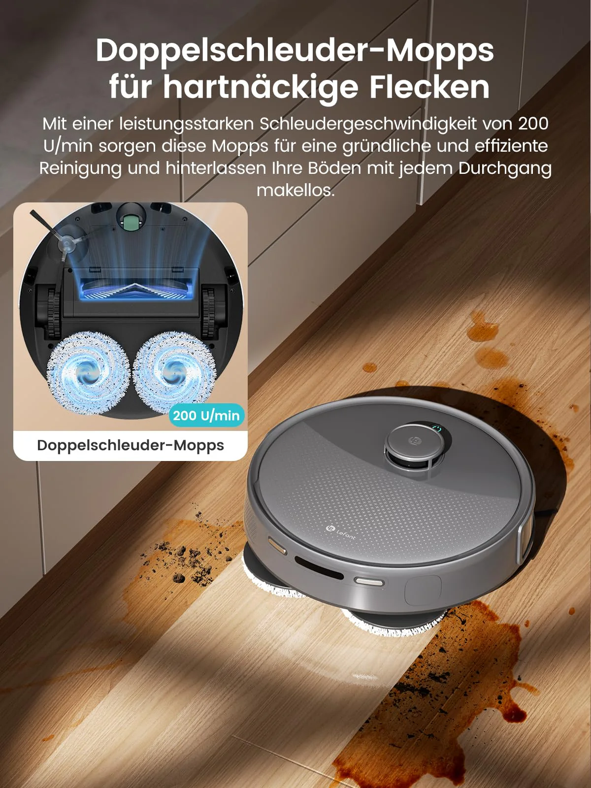 LEFANT M3 Saugroboter mit Wischfunktion,12000 Pa Saugkraft,Automatisches Andocken,Vermeiden von Hindernissen,Anheben des Wischmopps,220Mins Max,Anti-Tangle,LiDAR Navigation,WLAN, App und Alexa, Grau - Image 9