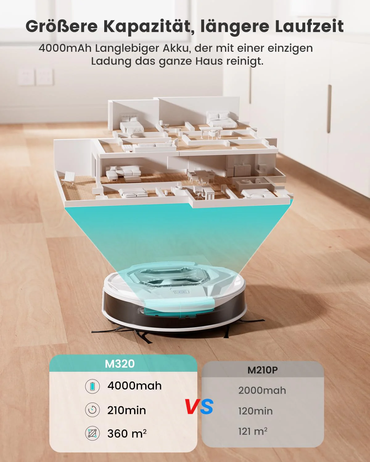 LEFANT M320 Saugroboter, 6.000Pa Staubsauger Roboter mit Präzise-Entfernungs-Navigation, Sichtbar 800ML Staubbehälter, 210Mins, WLAN/App, Ideal für Tierhaare, Teppiche - Image 4