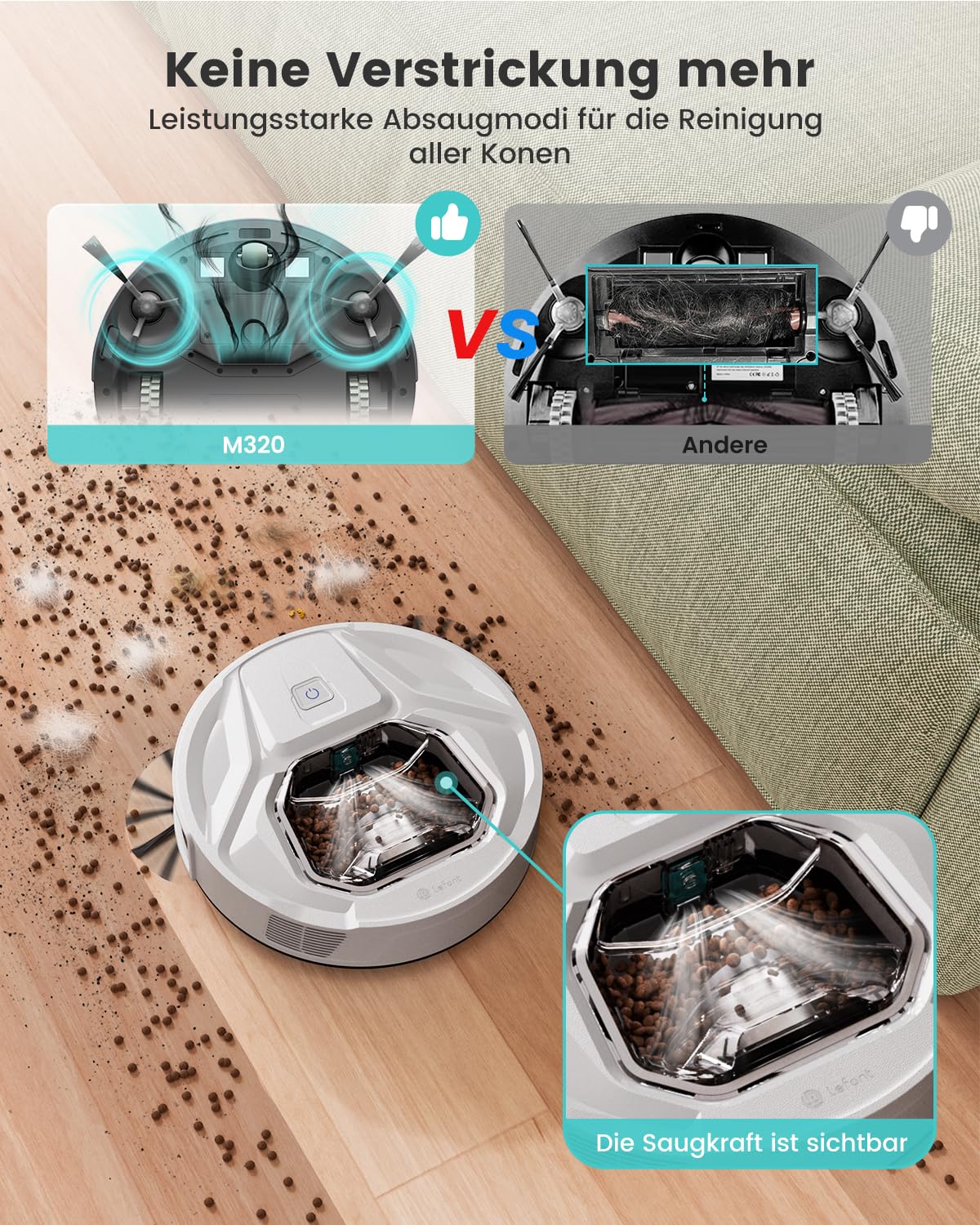 LEFANT M320 Saugroboter, 6.000Pa Staubsauger Roboter mit Präzise-Entfernungs-Navigation, Sichtbar 800ML Staubbehälter, 210Mins, WLAN/App, Ideal für Tierhaare, Teppiche - Image 5